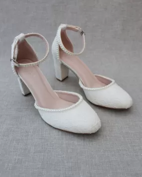 Ivory Lace Block Heel with Mini Pearls