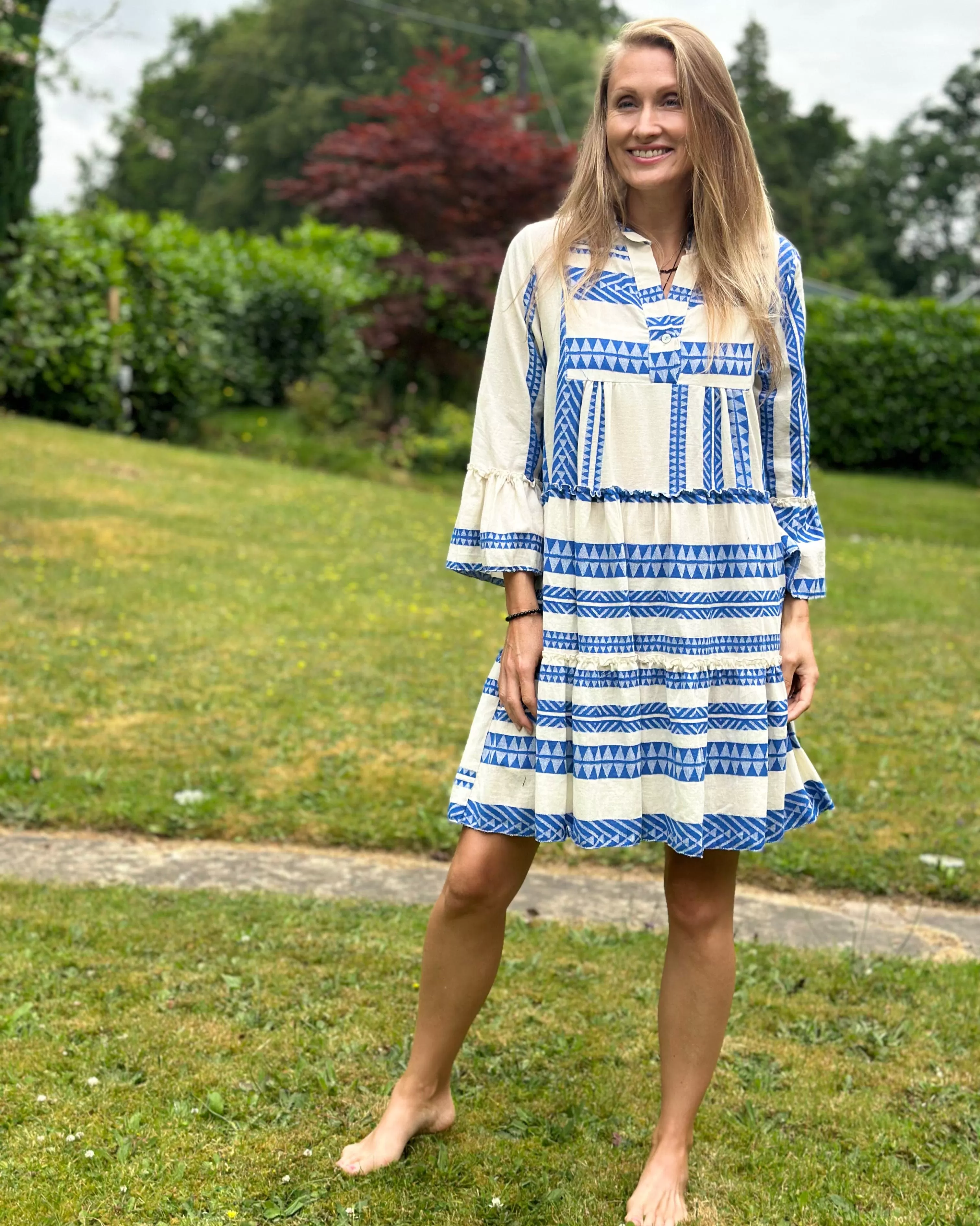 Jacquard Print Tiered Dress - Royal Blue And Cream