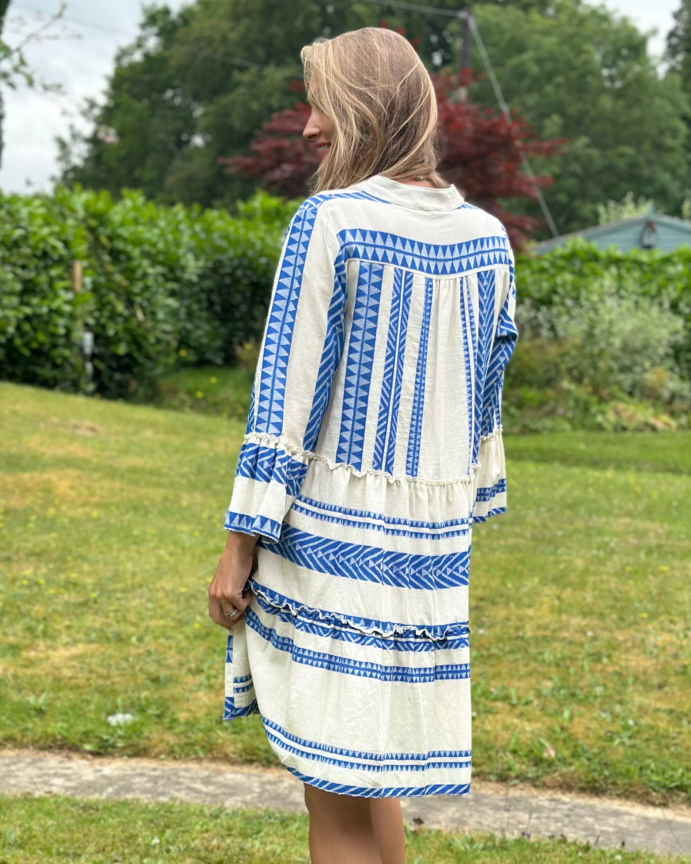 Jacquard Print Tiered Dress - Royal Blue And Cream