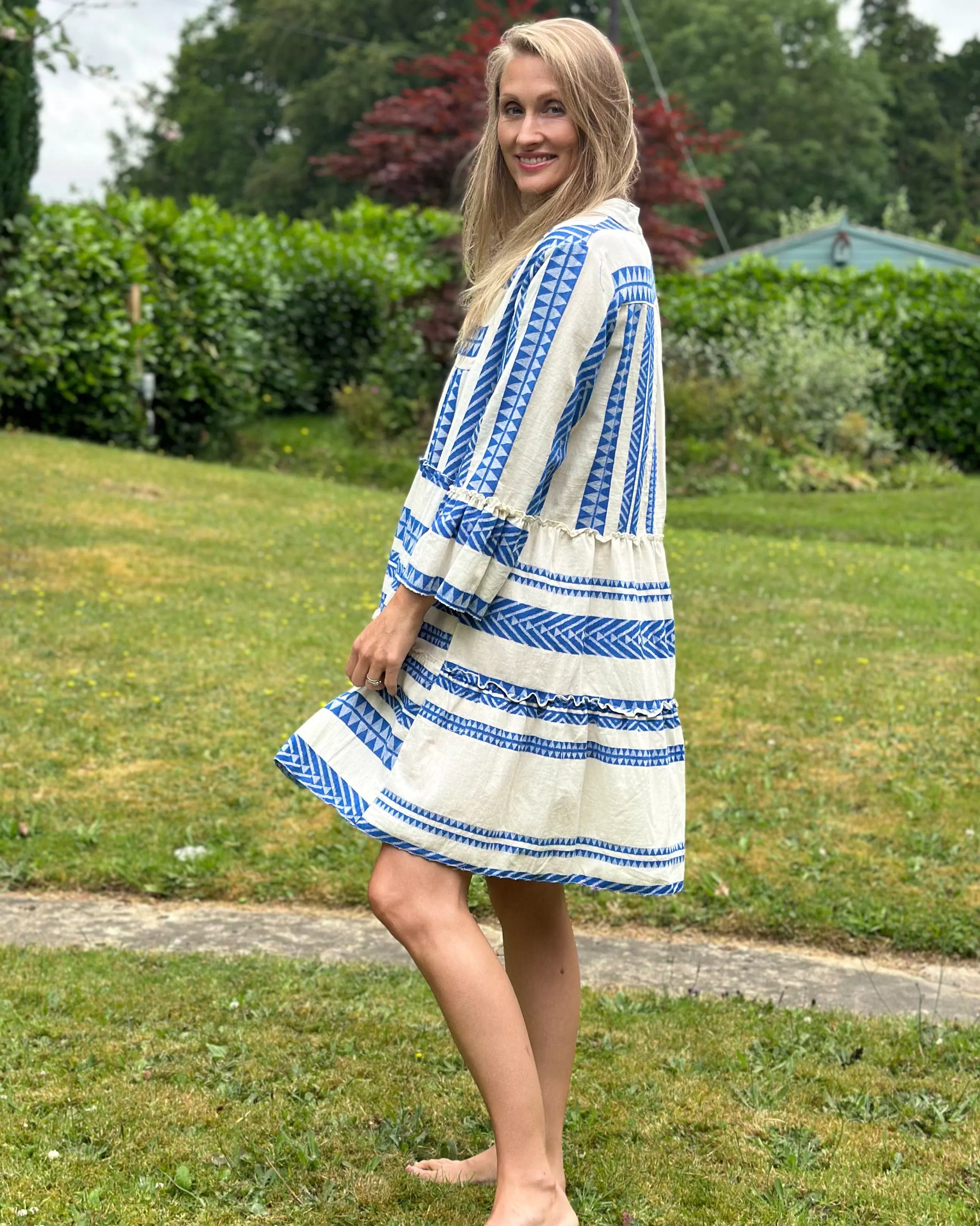 Jacquard Print Tiered Dress - Royal Blue And Cream