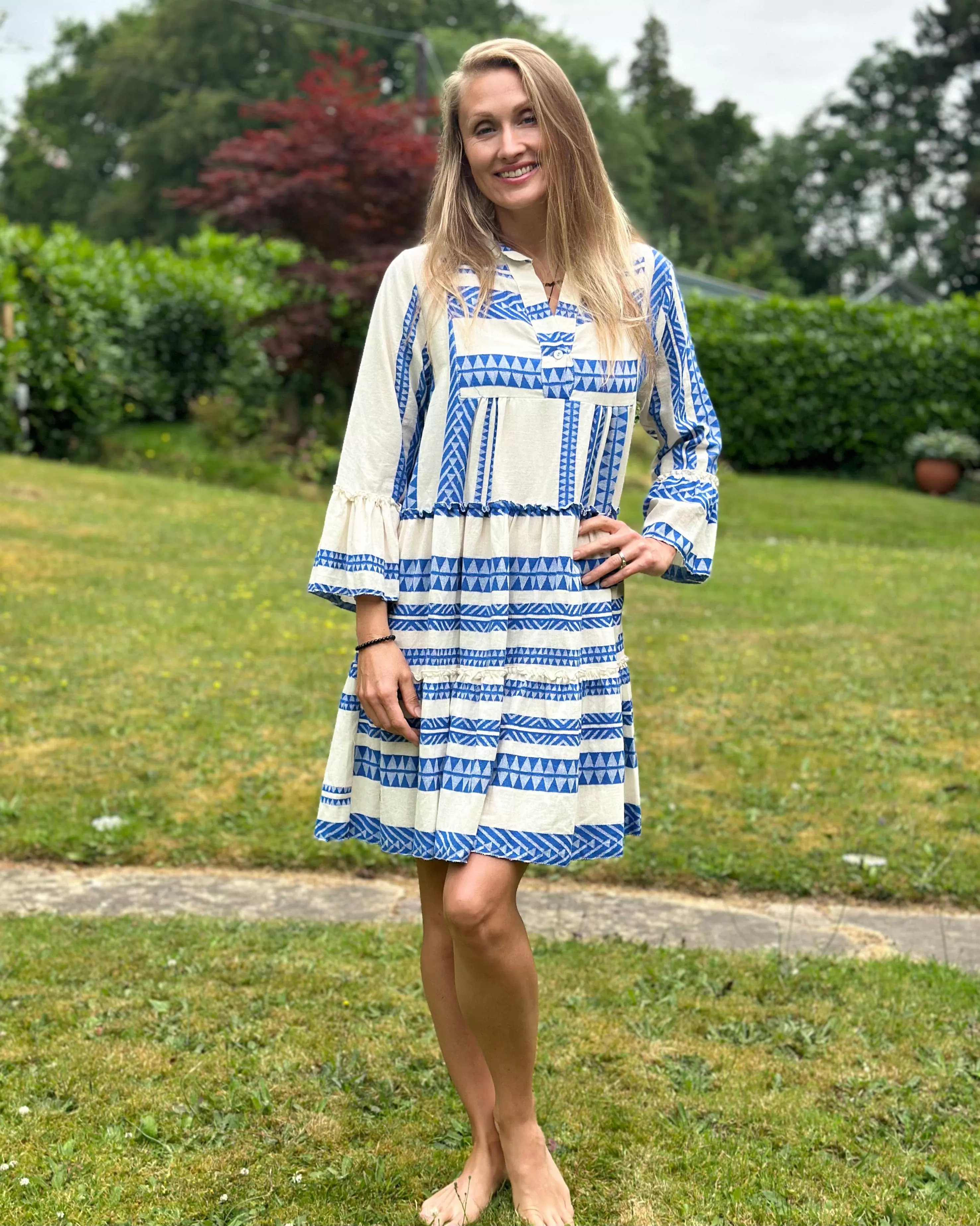 Jacquard Print Tiered Dress - Royal Blue And Cream