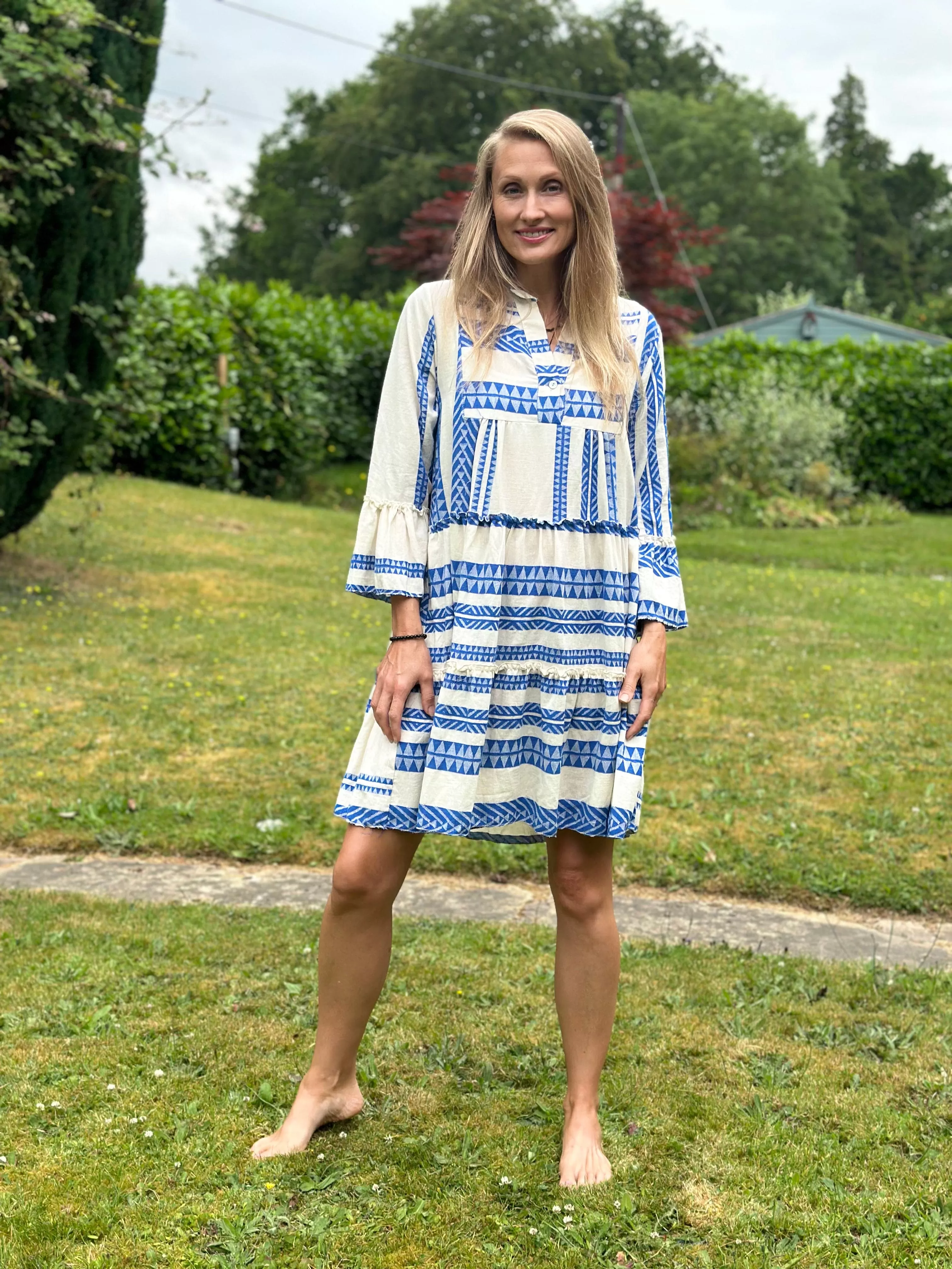 Jacquard Print Tiered Dress - Royal Blue And Cream