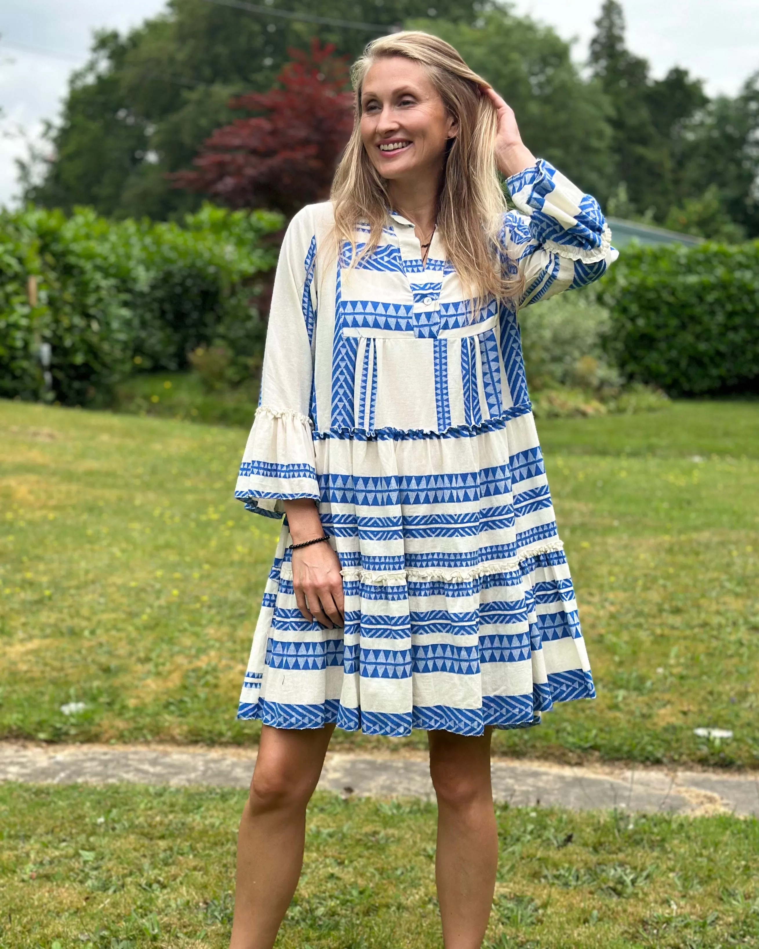 Jacquard Print Tiered Dress - Royal Blue And Cream