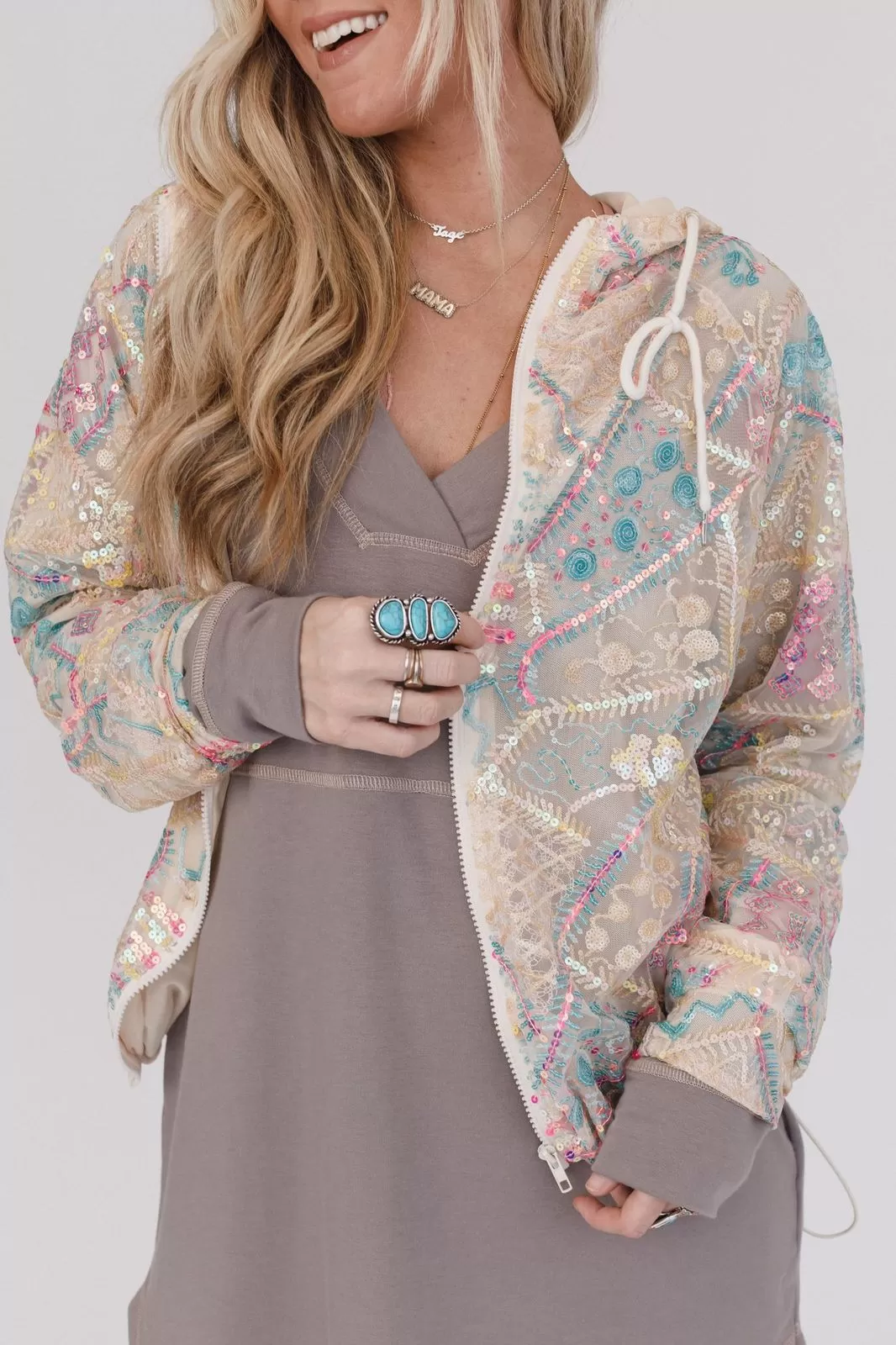 Living It Up Sequin Hoodie Jacket - Apricot