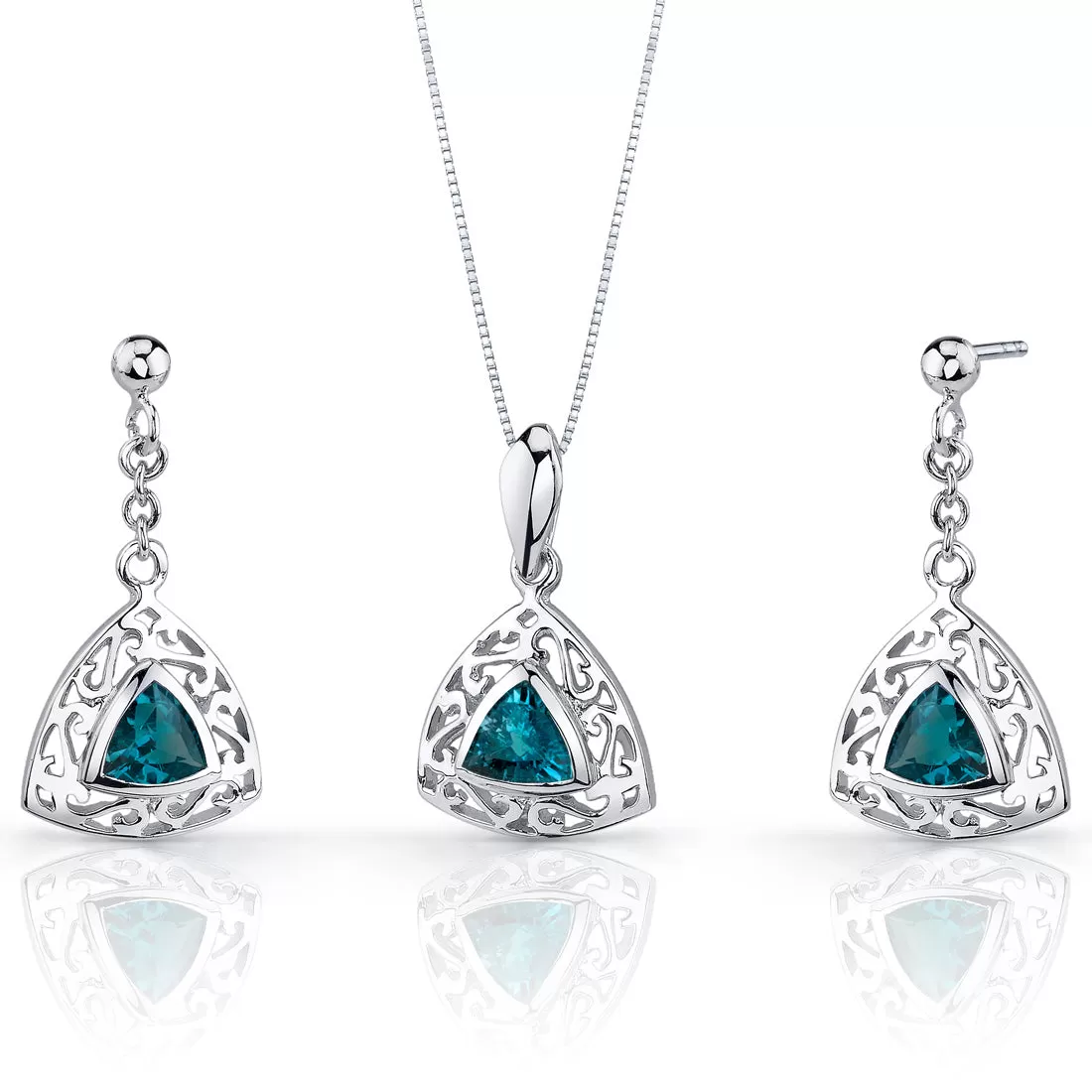 London Blue Topaz Filigree Trillion Shape Earrings Pendant Necklace Sterling Silver Jewelry Set