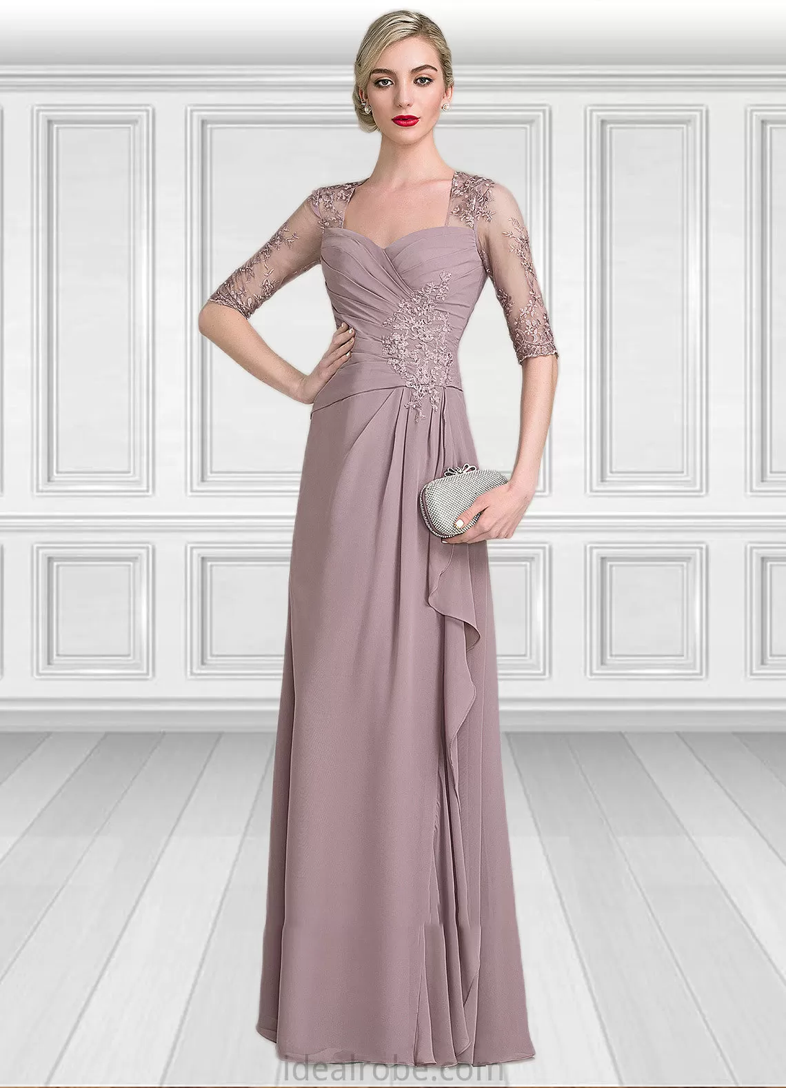 Maci A-Line Sweetheart Floor-Length Chiffon Lace Mother of the Bride Dress With Beading Sequins Cascading Ruffles STK126P0014692