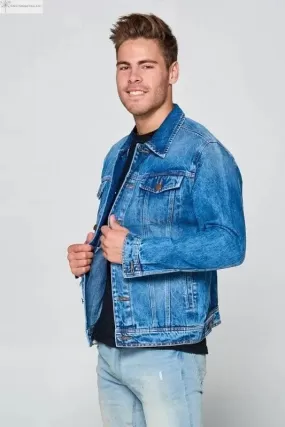 Men's Dark Blue Denim Jacket with Chest Pockets