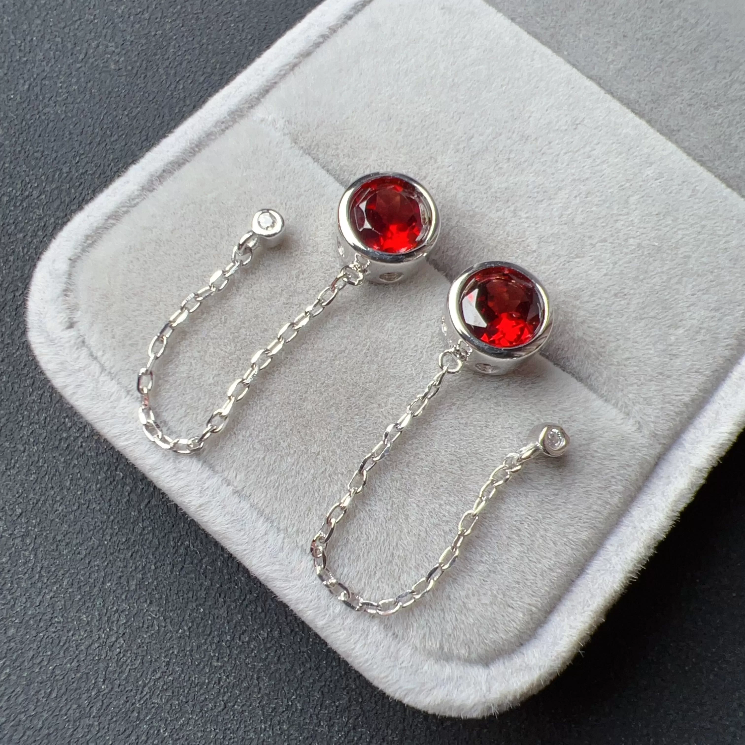 Natural Top-grade Round Cut Garnet Earring Drops Handmade with 925 Sterling Silver & CZ Stones | One of a Kind Fashion Jewelry