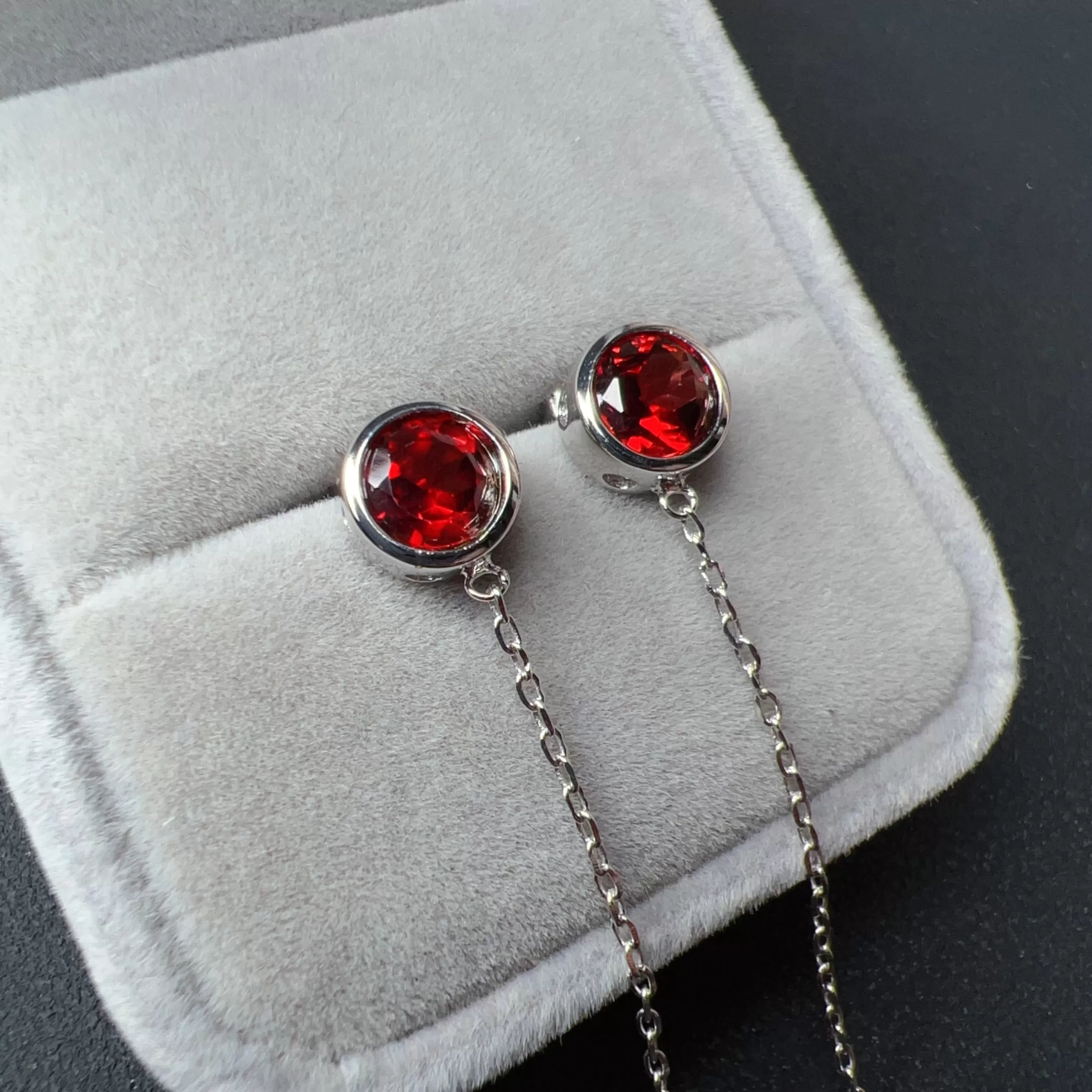 Natural Top-grade Round Cut Garnet Earring Drops Handmade with 925 Sterling Silver & CZ Stones | One of a Kind Fashion Jewelry