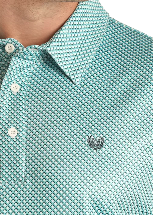 'Panhandle' Men's Geo Print Performance Knit Polo - Turquoise