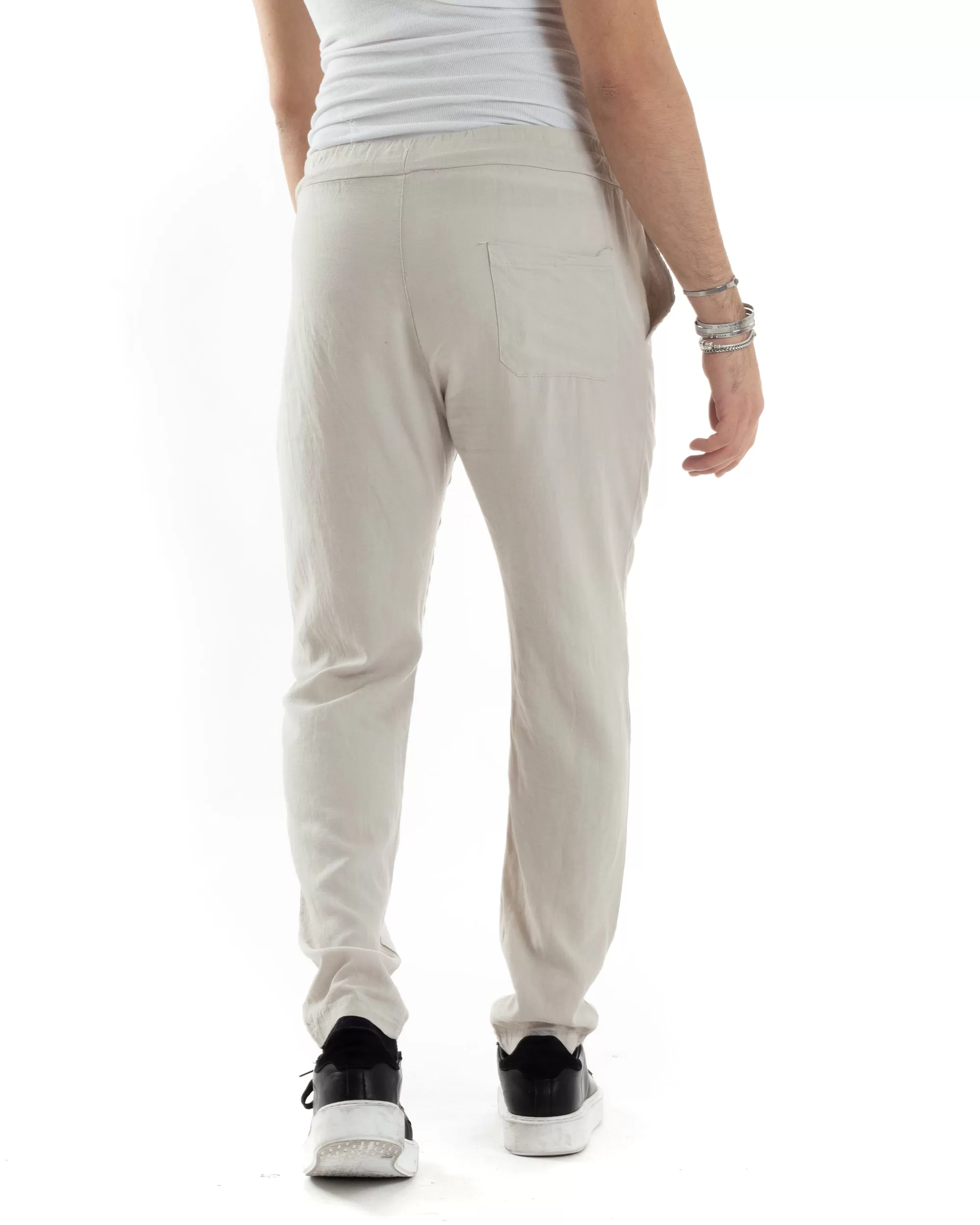 Pantaloni Uomo Lino Pantalaccio Lungo Elastico Regular Fit Tinta Unita Beige Casual GIOSAL-P6098A