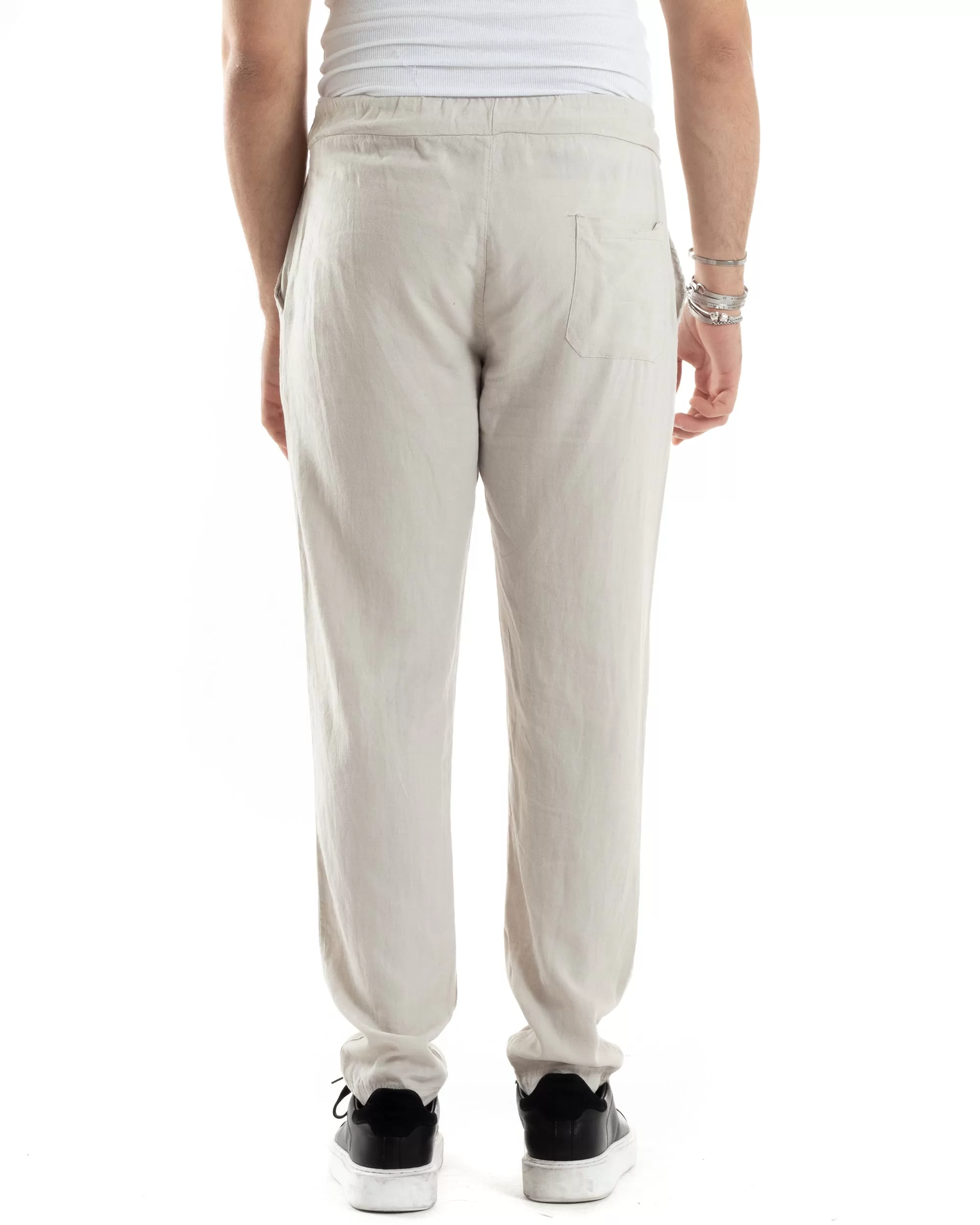 Pantaloni Uomo Lino Pantalaccio Lungo Elastico Regular Fit Tinta Unita Beige Casual GIOSAL-P6098A