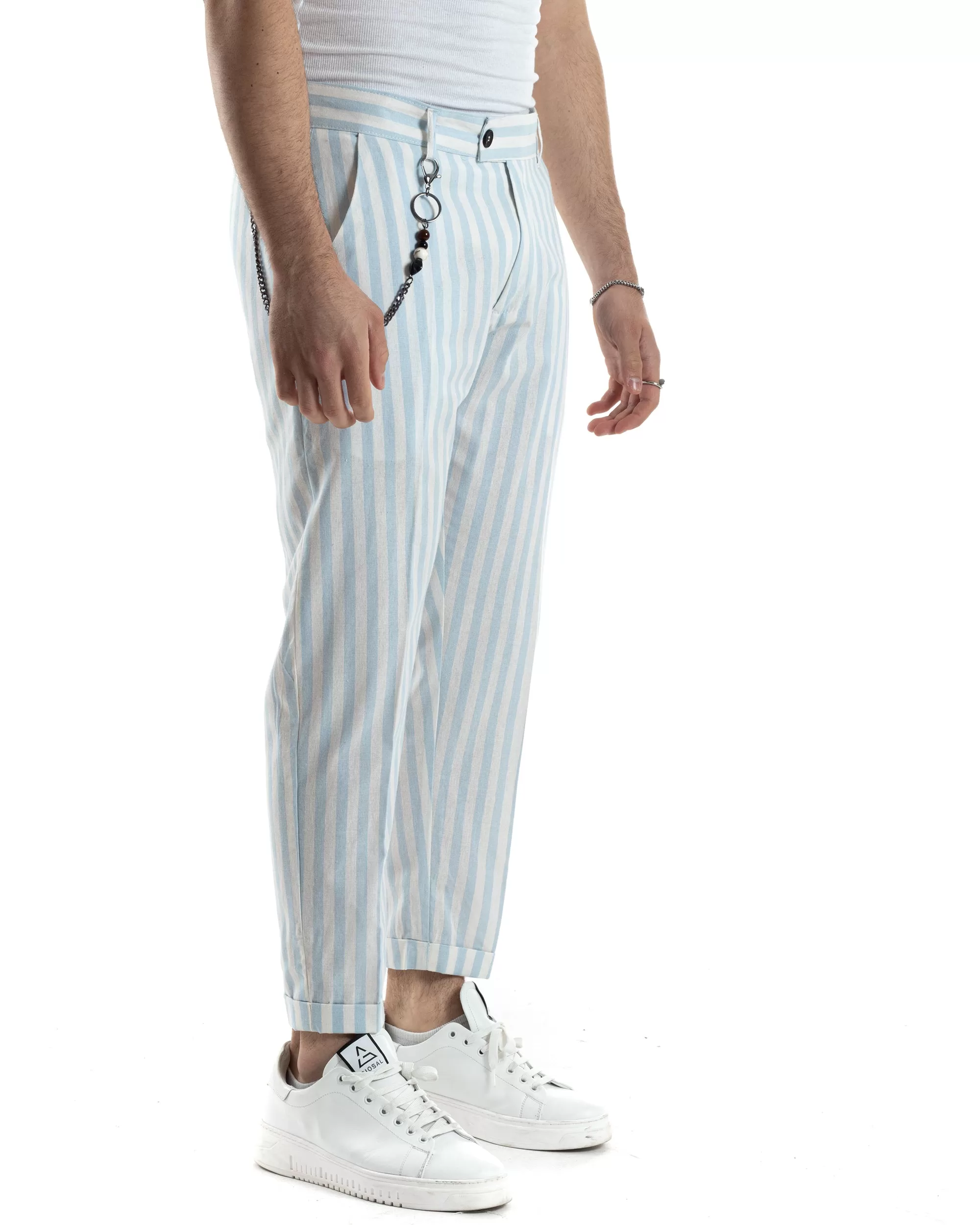 Pantaloni Uomo Lino Tasca America Classico Abbottonatura Allungata Casual Sartoriale Rigato Gessato Celeste GIOSAL-P6080A