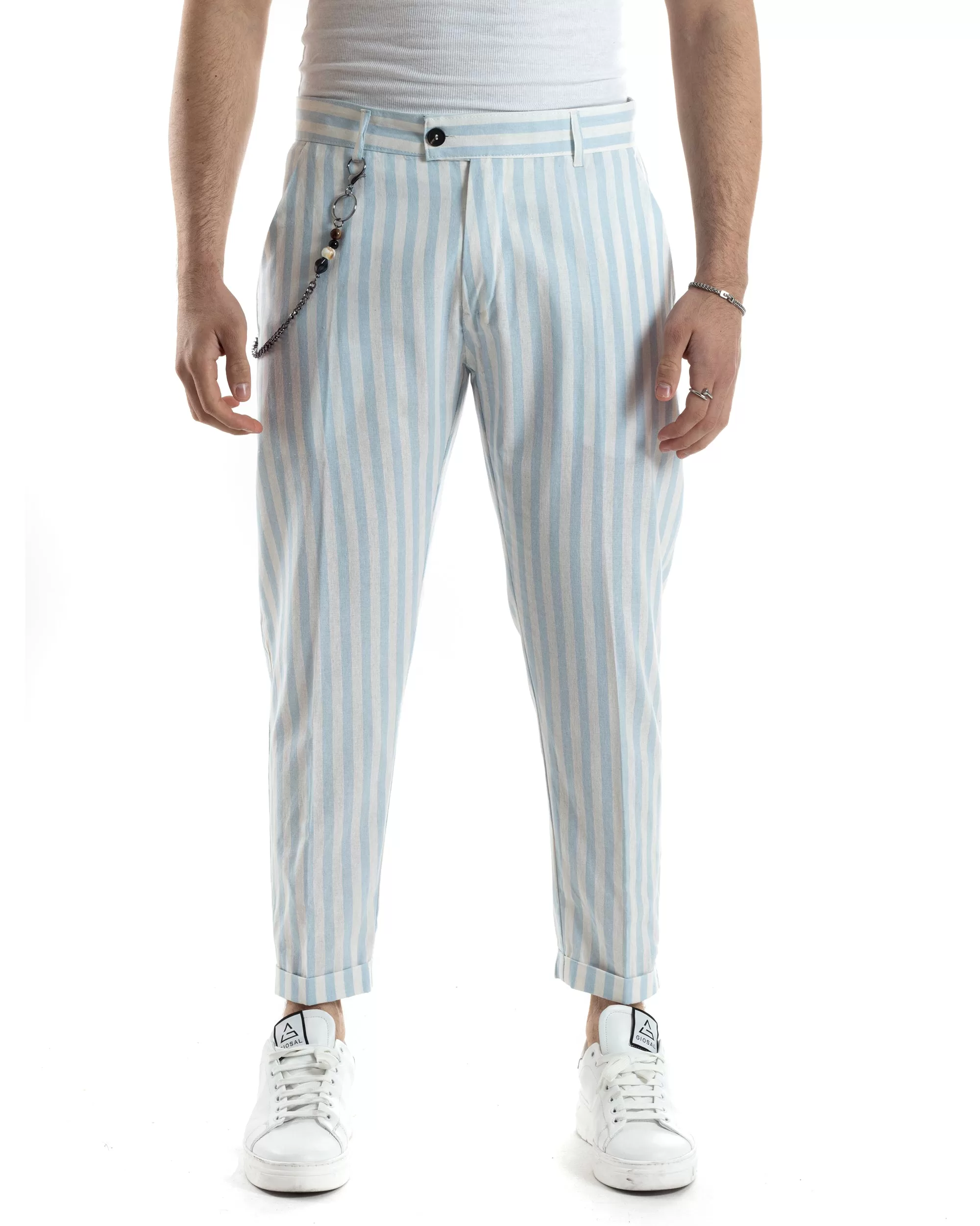 Pantaloni Uomo Lino Tasca America Classico Abbottonatura Allungata Casual Sartoriale Rigato Gessato Celeste GIOSAL-P6080A