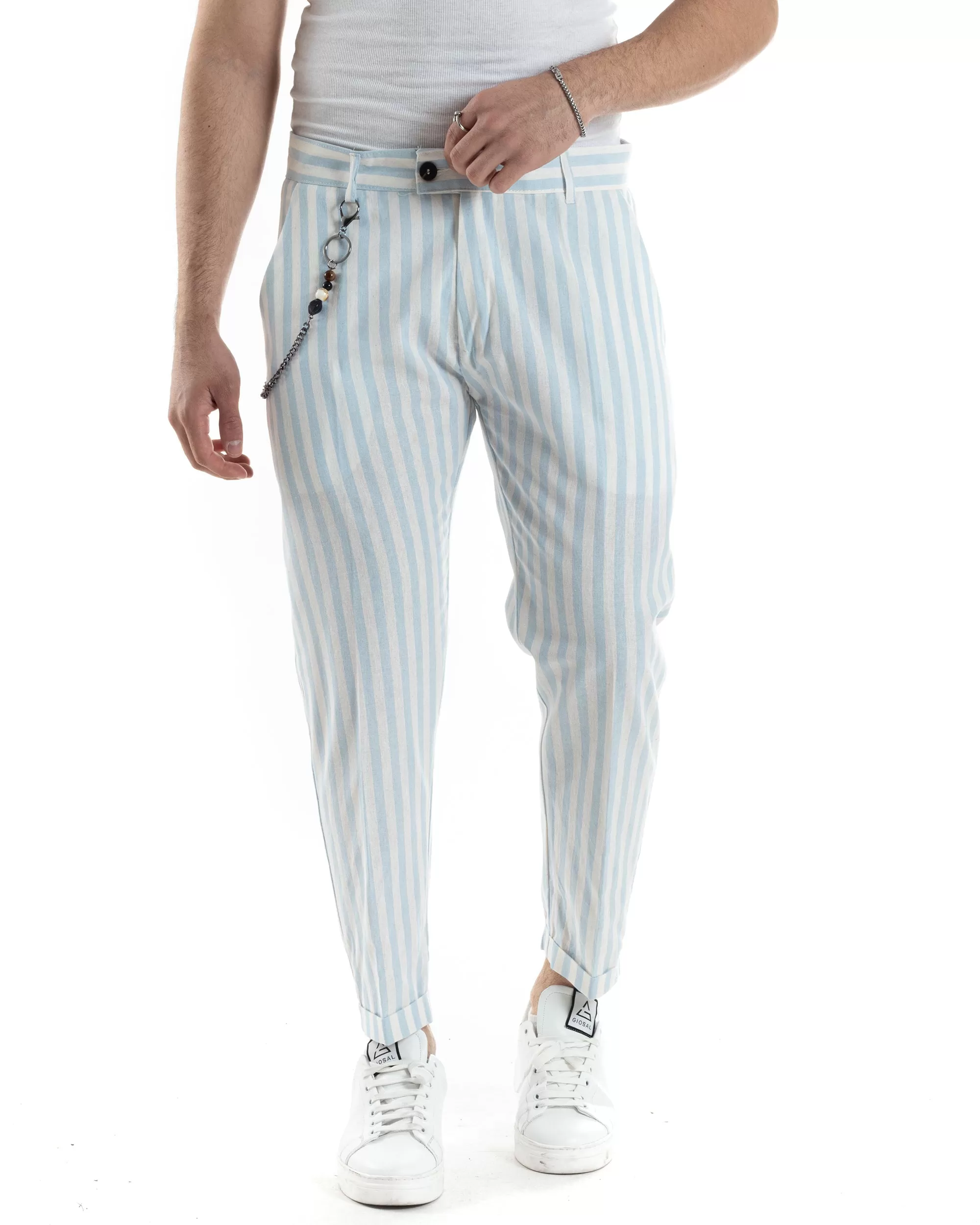 Pantaloni Uomo Lino Tasca America Classico Abbottonatura Allungata Casual Sartoriale Rigato Gessato Celeste GIOSAL-P6080A