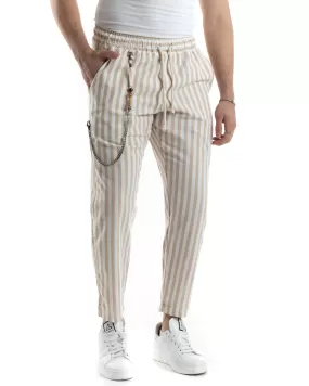 Pantaloni Uomo Pantalaccio Lino Jogger Elastico Sartoriale Casual Rigato Bicolore Bianco Beige GIOSAL-P6071A