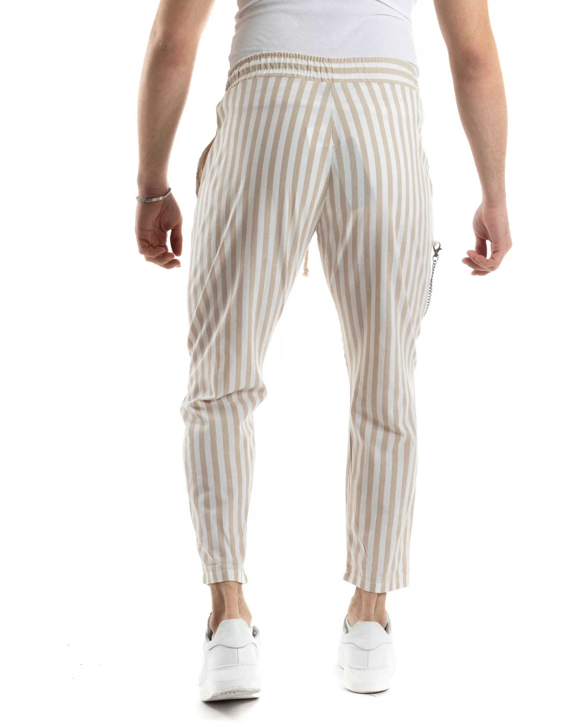 Pantaloni Uomo Pantalaccio Lino Jogger Elastico Sartoriale Casual Rigato Bicolore Bianco Beige GIOSAL-P6071A