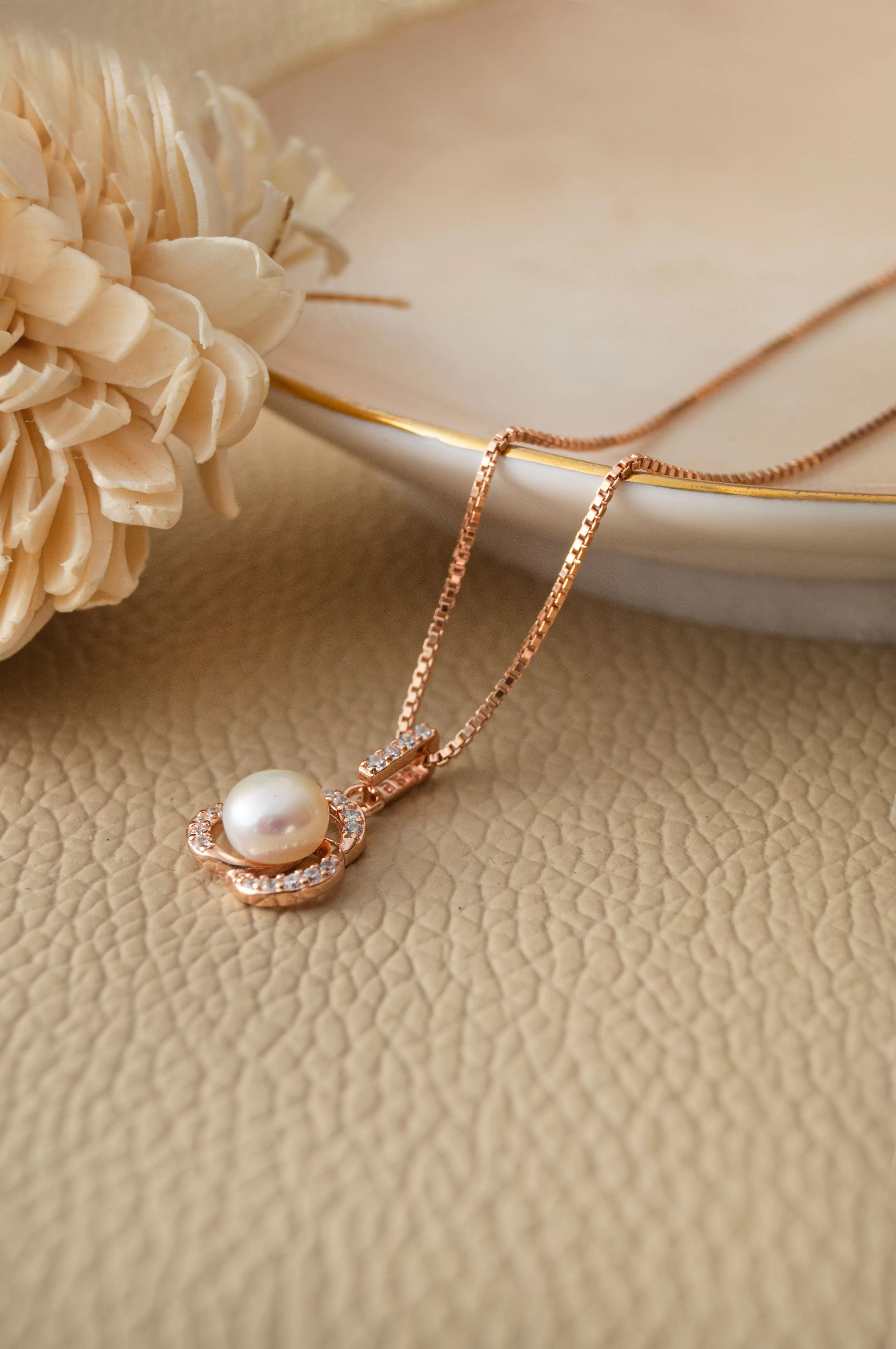 Pearl Enclosed Flower Rose Gold Plated Sterling Silver Pendant