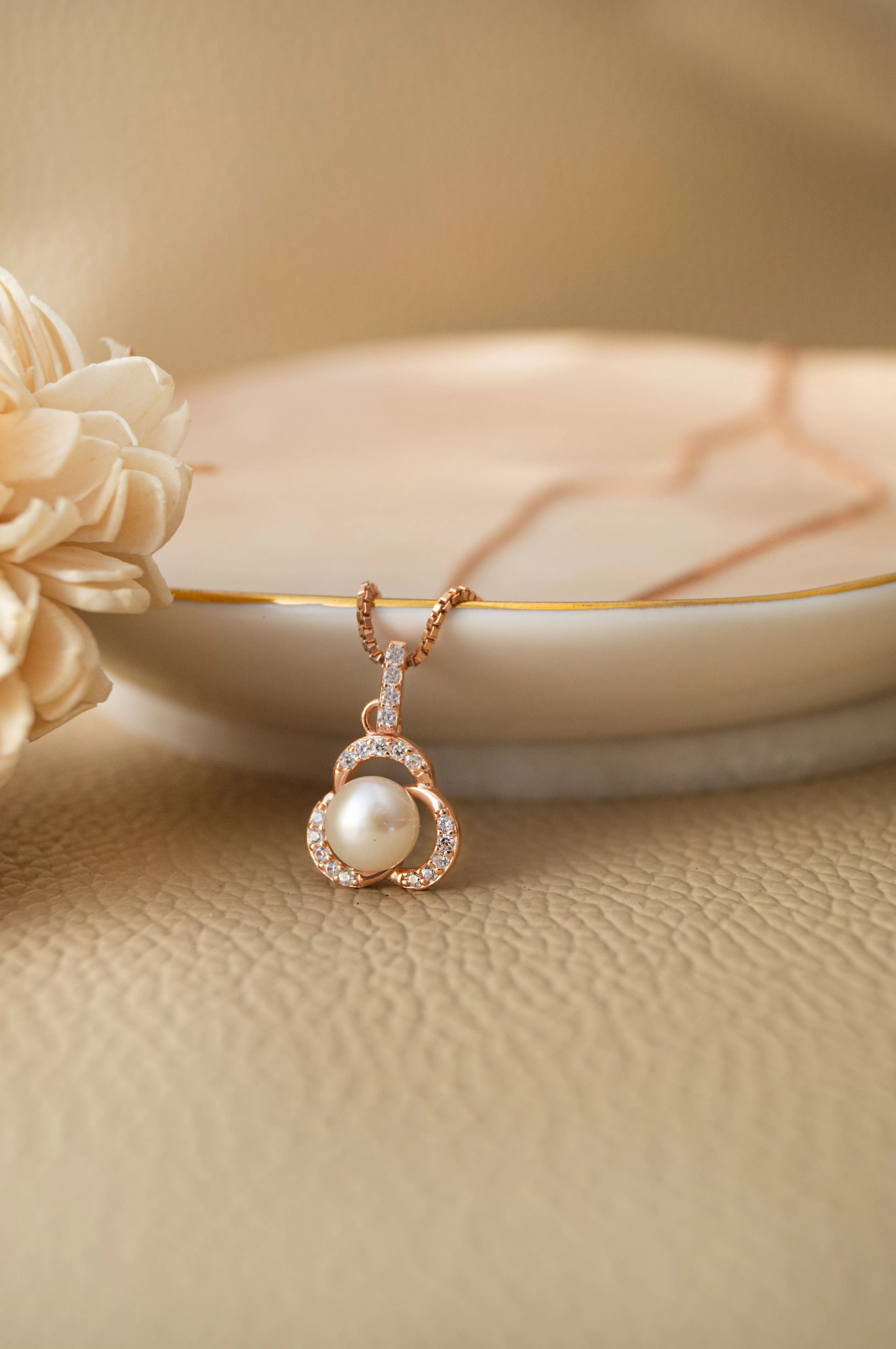 Pearl Enclosed Flower Rose Gold Plated Sterling Silver Pendant