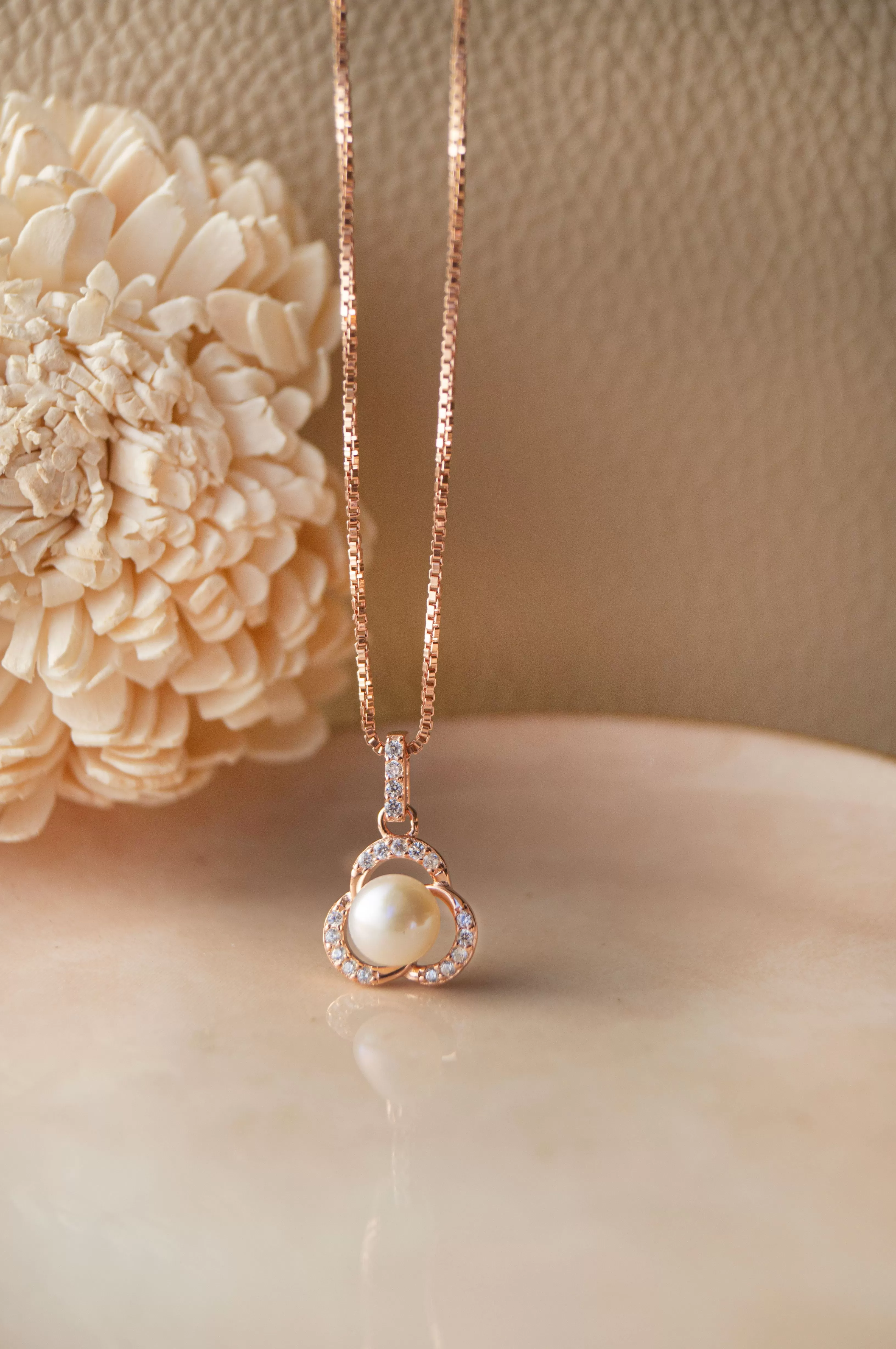 Pearl Enclosed Flower Rose Gold Plated Sterling Silver Pendant