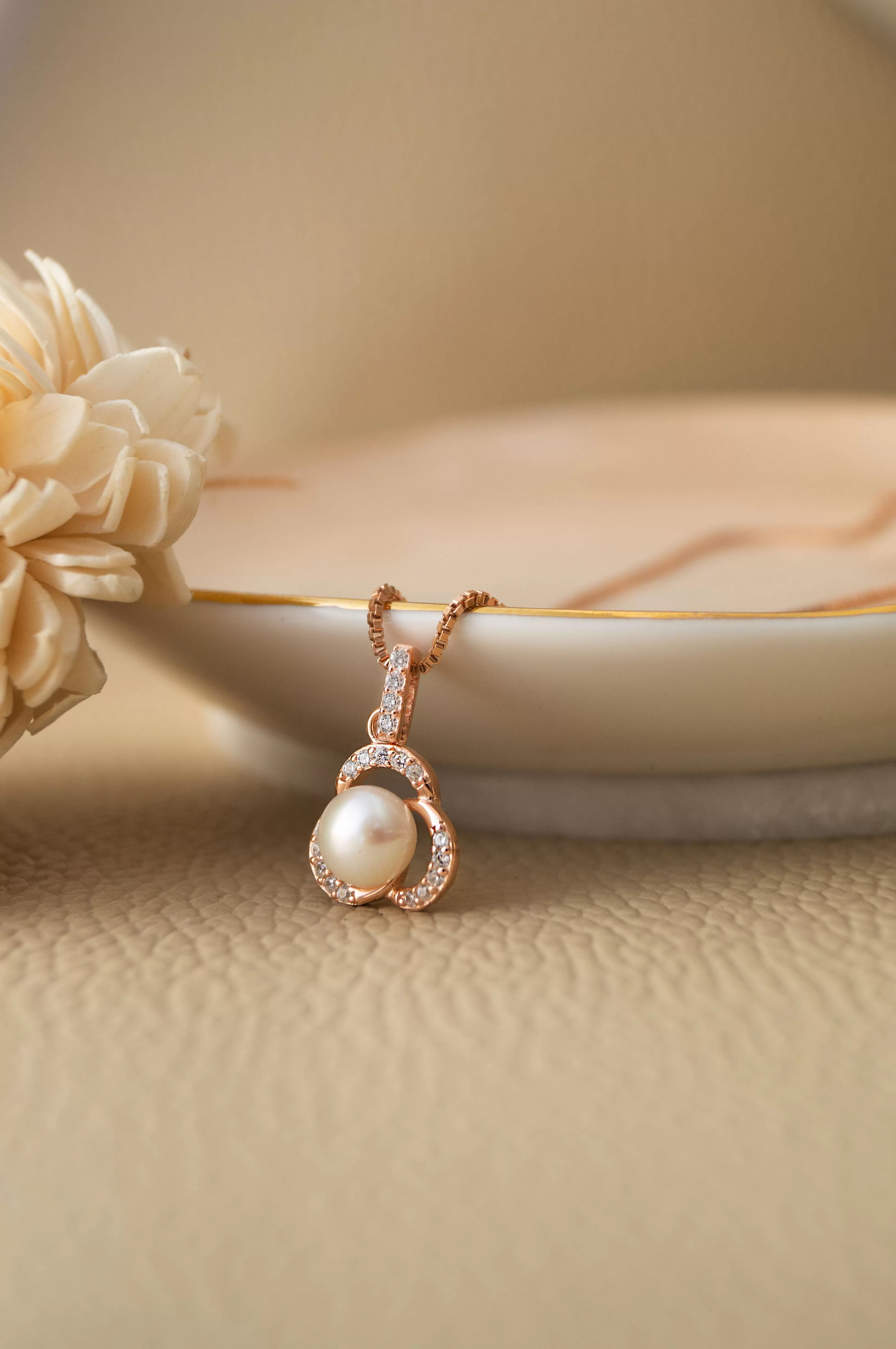 Pearl Enclosed Flower Rose Gold Plated Sterling Silver Pendant