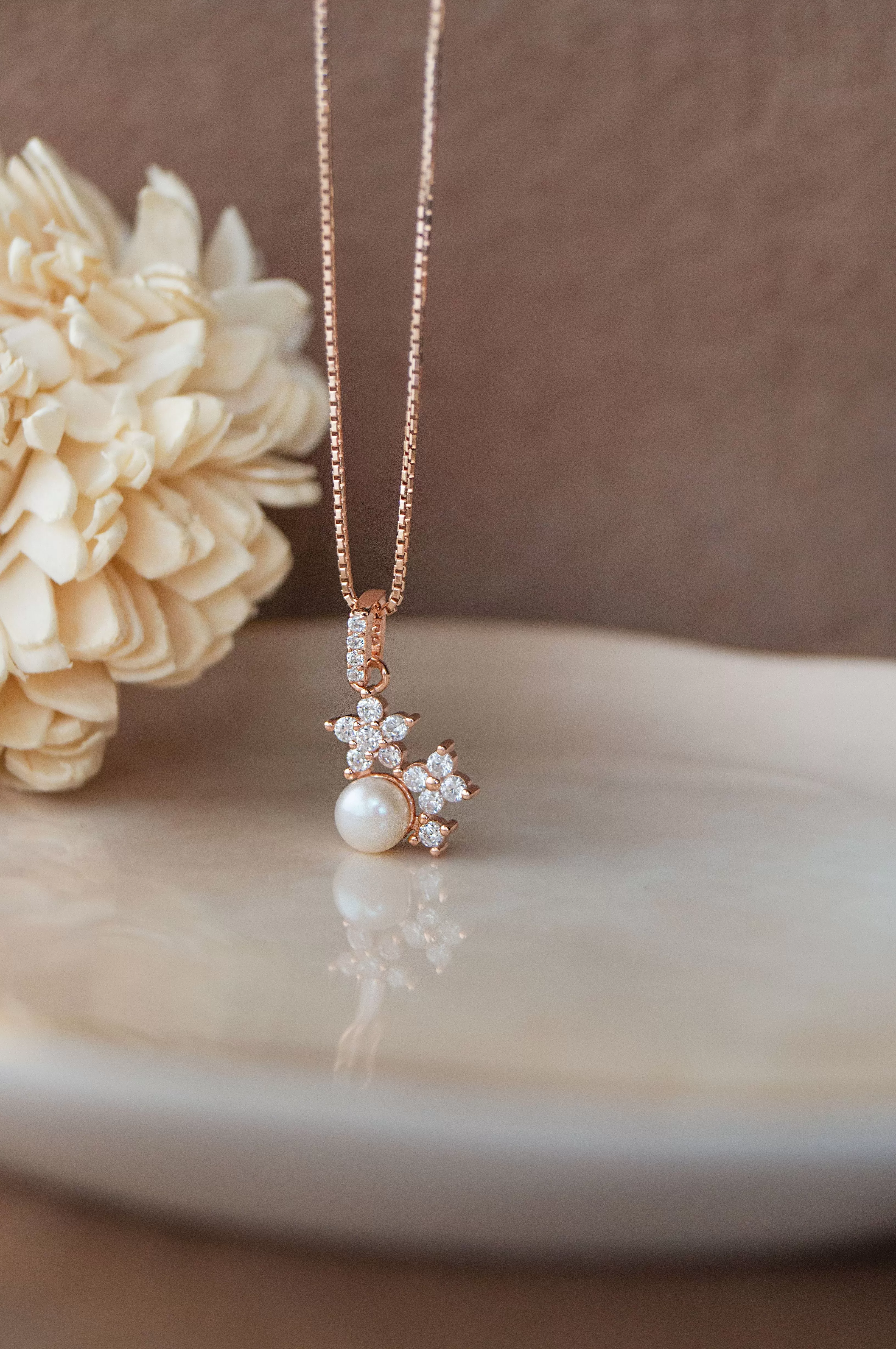 Pearly Flower Garland Rose Gold Plated Sterling Silver Pendant