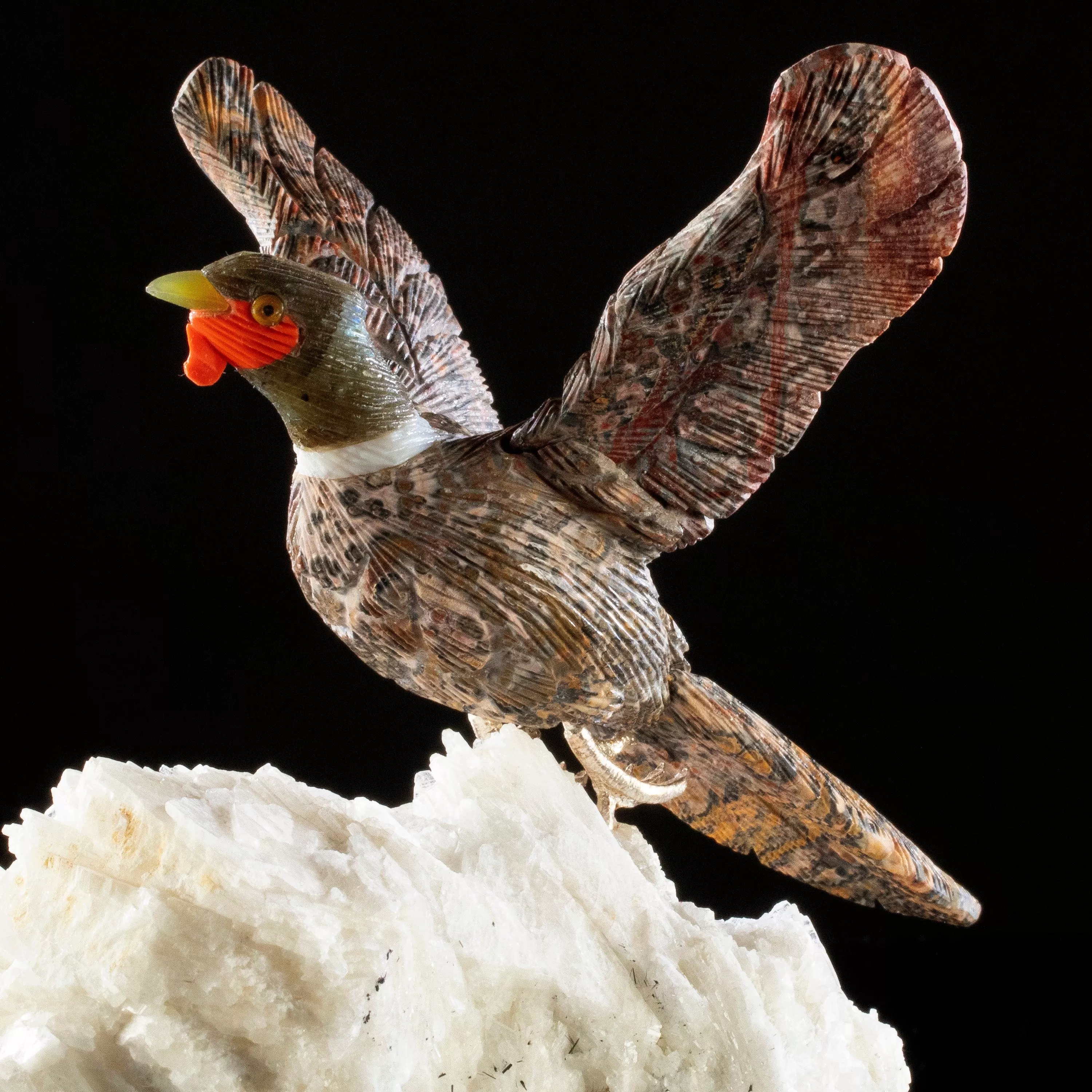 Peter Muller Leopardskin Pheaseant Love Bird Carving on Albite Base