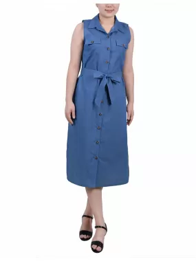 Petites Womens Button Cotton Midi Dress