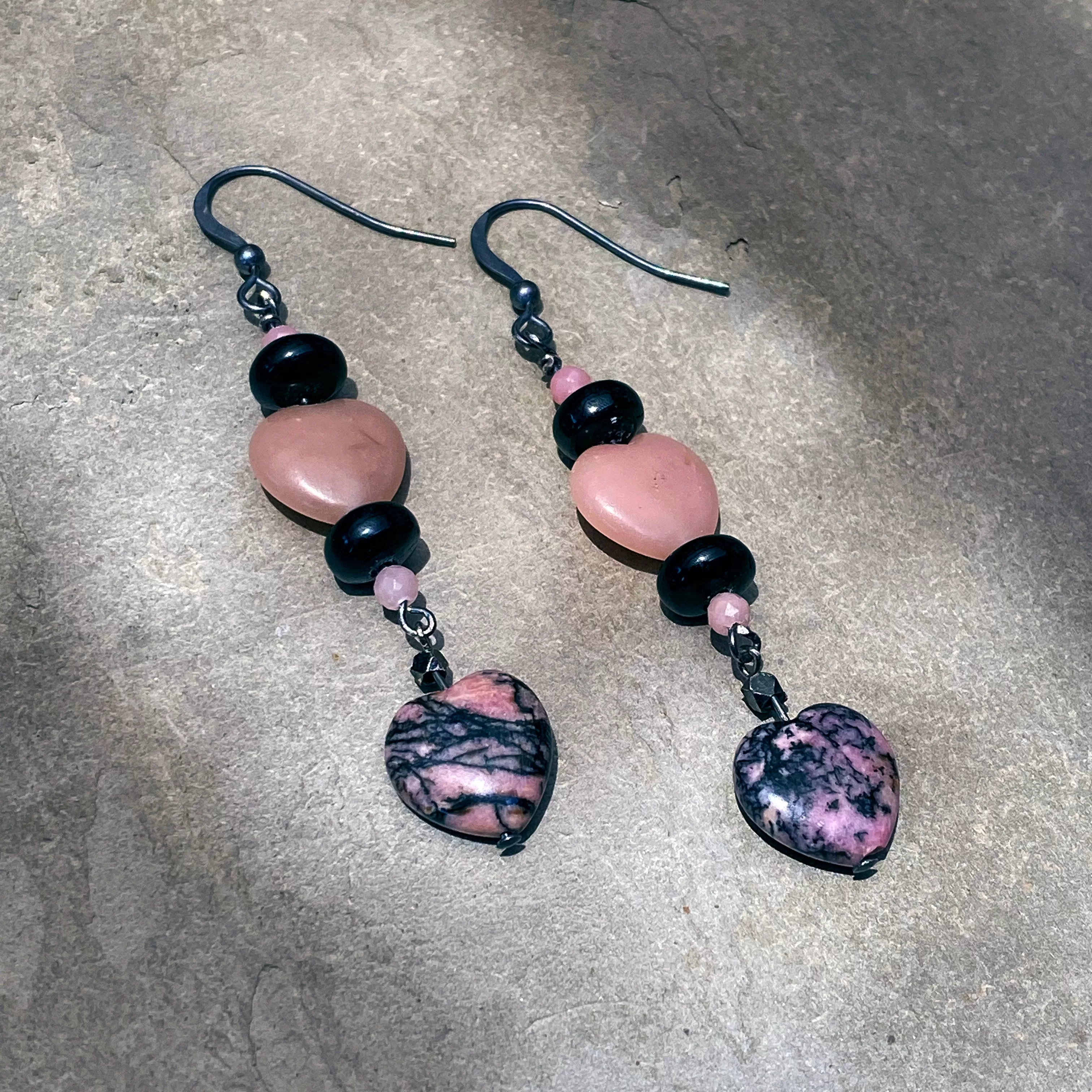 Pink Opal Heart pink Rhodonite, Black Tourmaline Gemstone and oxidized sterling silver Drop Earrings