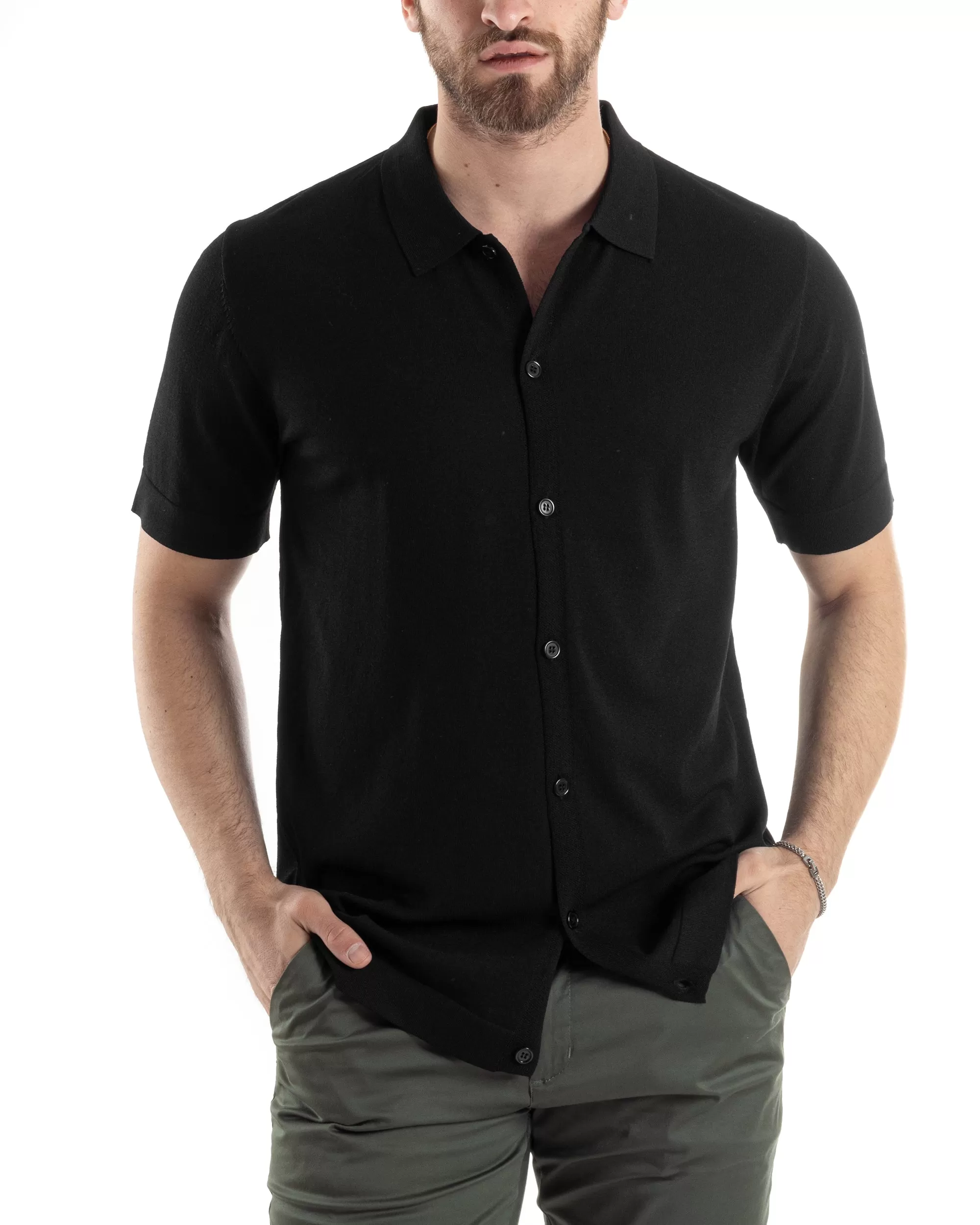 Polo Filo Uomo Cardigan Bottoni T-Shirt Con Colletto Nero Casual GIOSAL-TS3020A