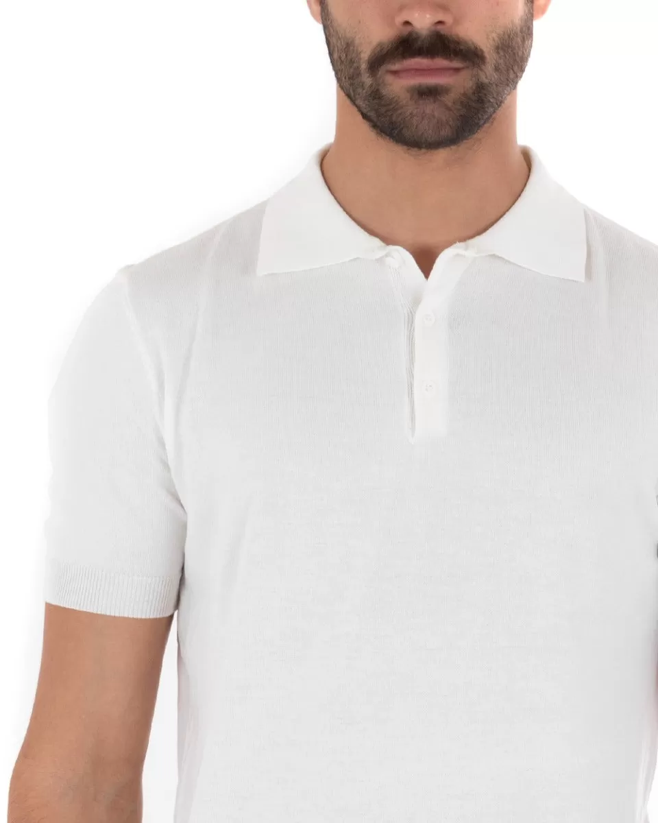 Polo Filo Uomo T-Shirt Manica Corta Con Colletto Bottoni Tinta Unita Bianco Casual GIOSAL-TS2630A