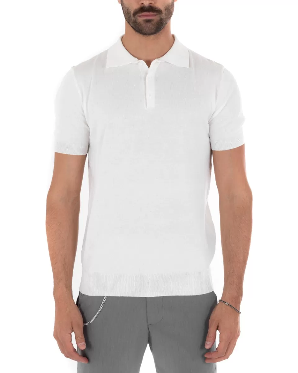 Polo Filo Uomo T-Shirt Manica Corta Con Colletto Bottoni Tinta Unita Bianco Casual GIOSAL-TS2630A