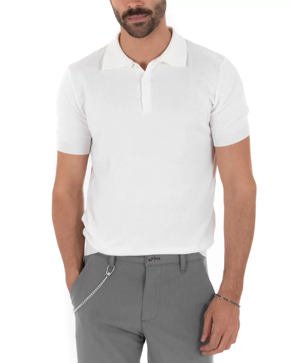 Polo Filo Uomo T-Shirt Manica Corta Con Colletto Bottoni Tinta Unita Bianco Casual GIOSAL-TS2630A