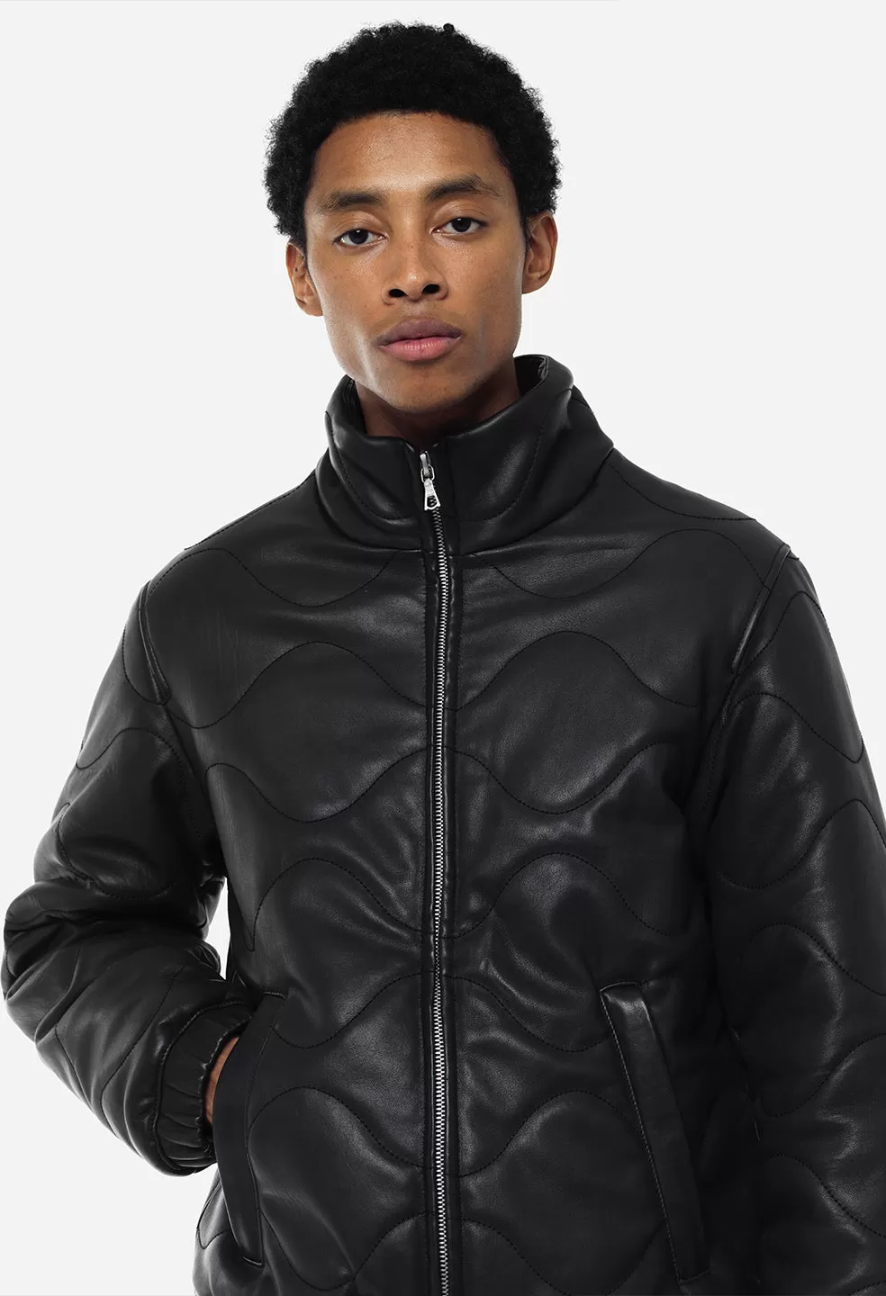 Quilted Leather Puffer Jacket / Black