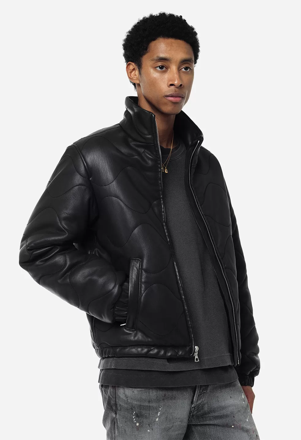 Quilted Leather Puffer Jacket / Black