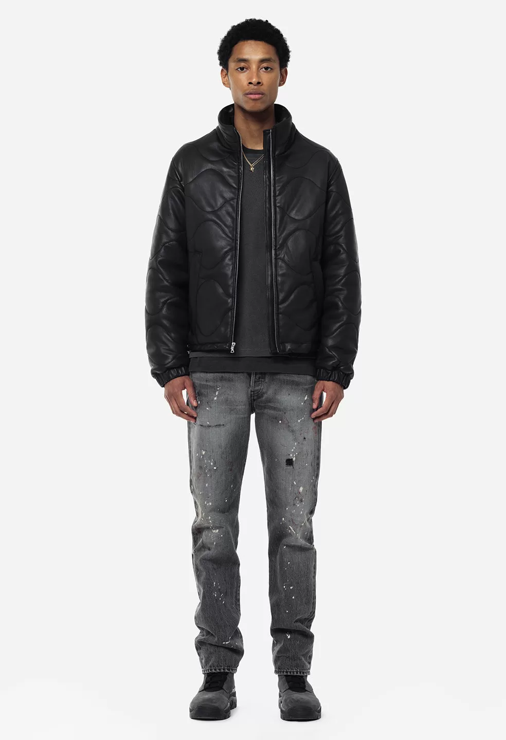 Quilted Leather Puffer Jacket / Black