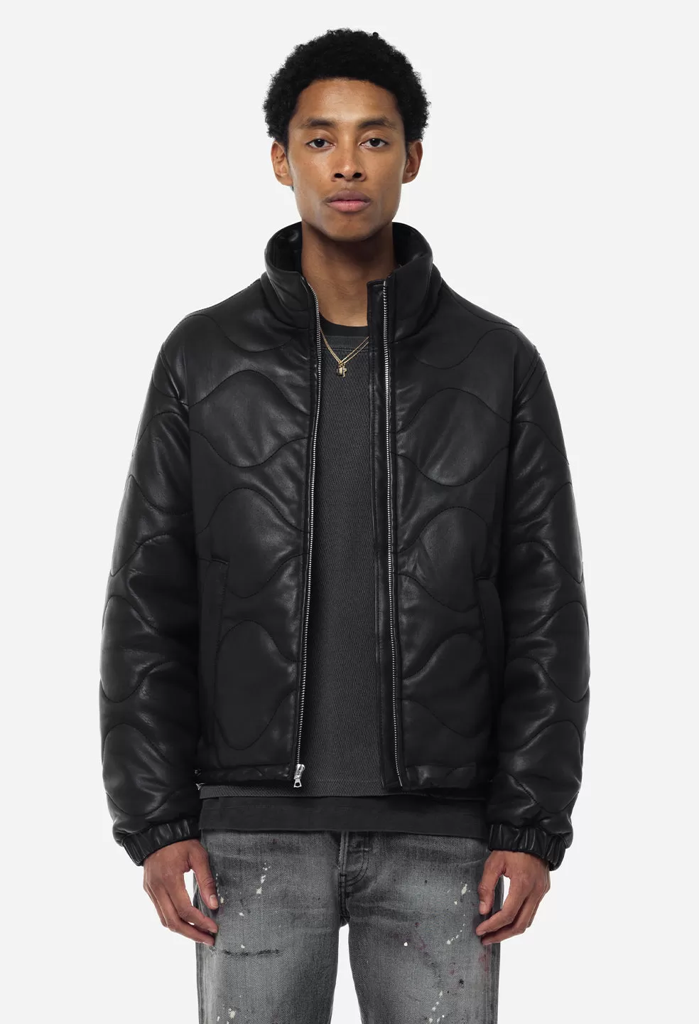 Quilted Leather Puffer Jacket / Black