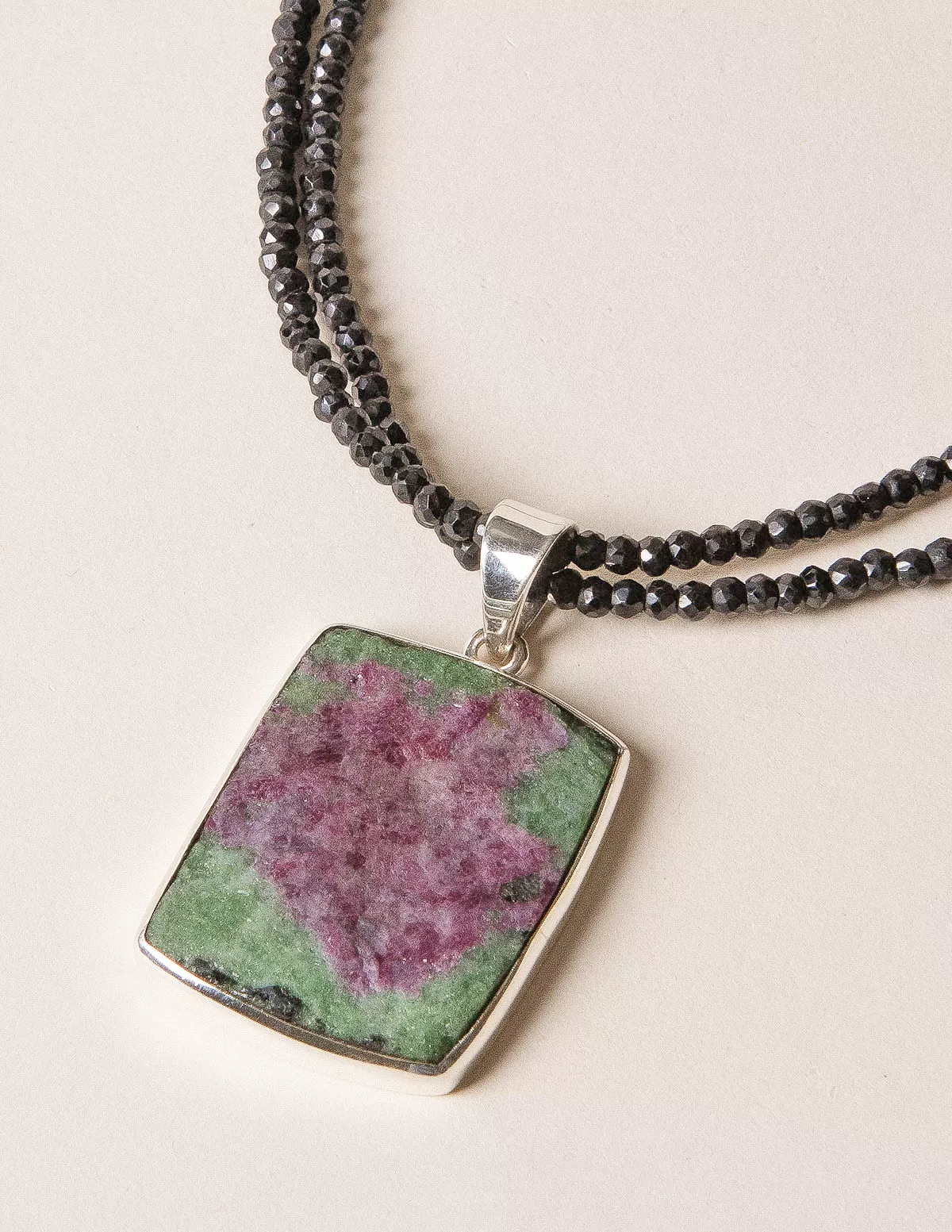 Raw Ruby Zoisite and Black Onyx Beaded Necklace - One of a Kind