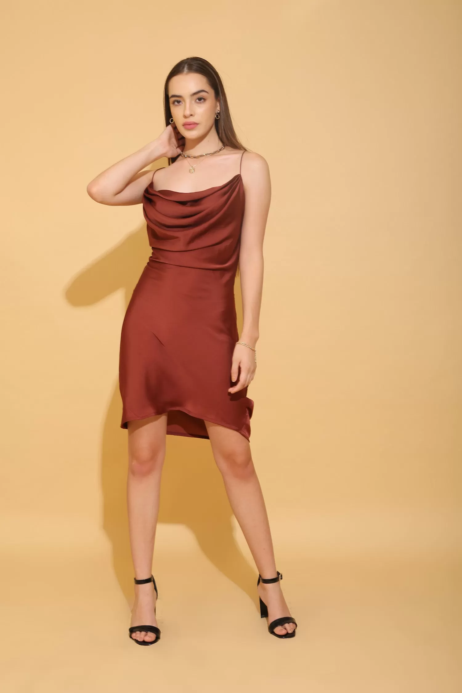 Rust Cowl Neck Slip Dress