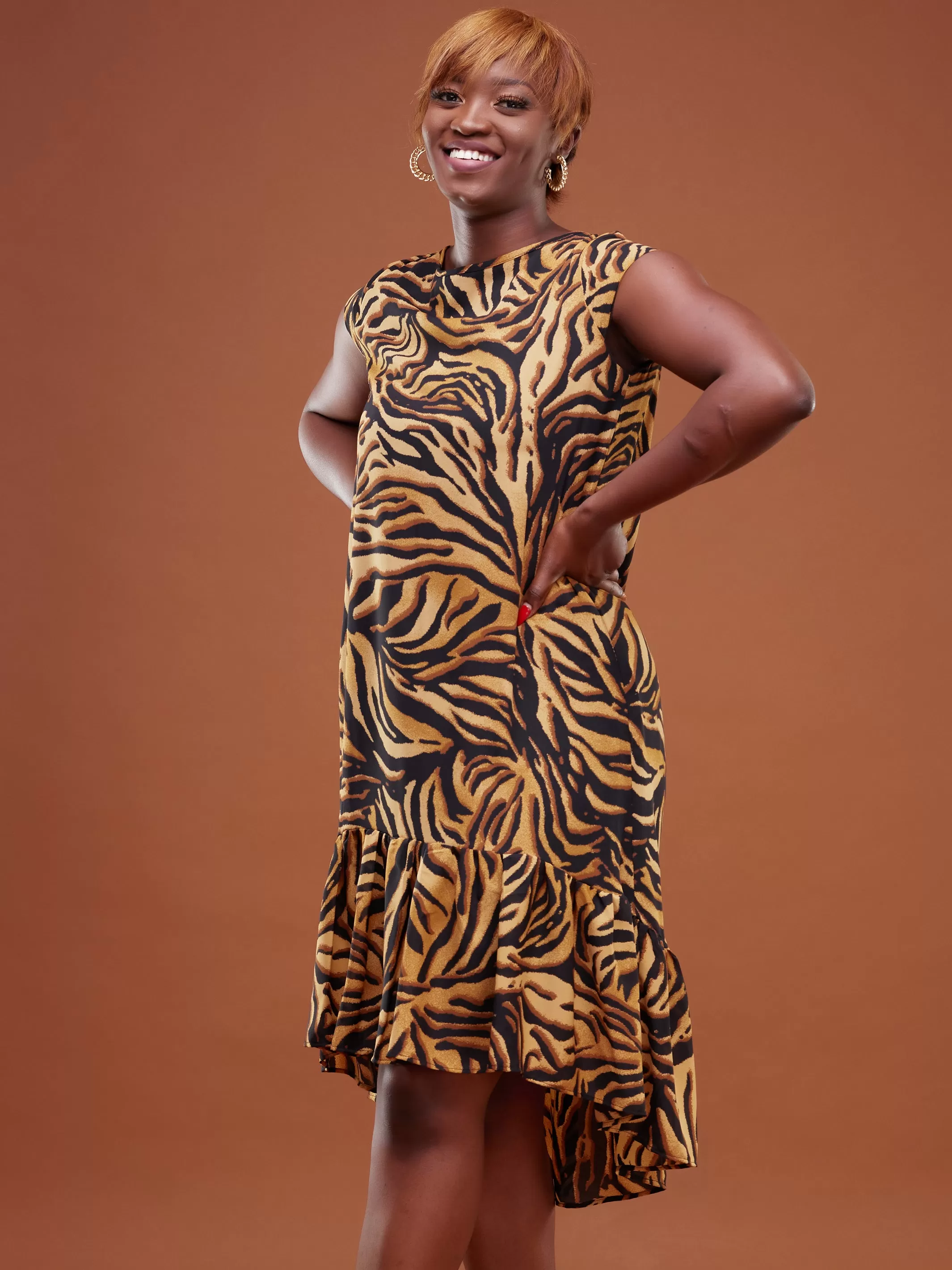 Safari Ayana Cap Sleeved High Low Tent Dress - Rust Tiger Print