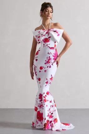 Sakura | Pink Floral Print Halter-Neck Fishtail Maxi Dress With Bow