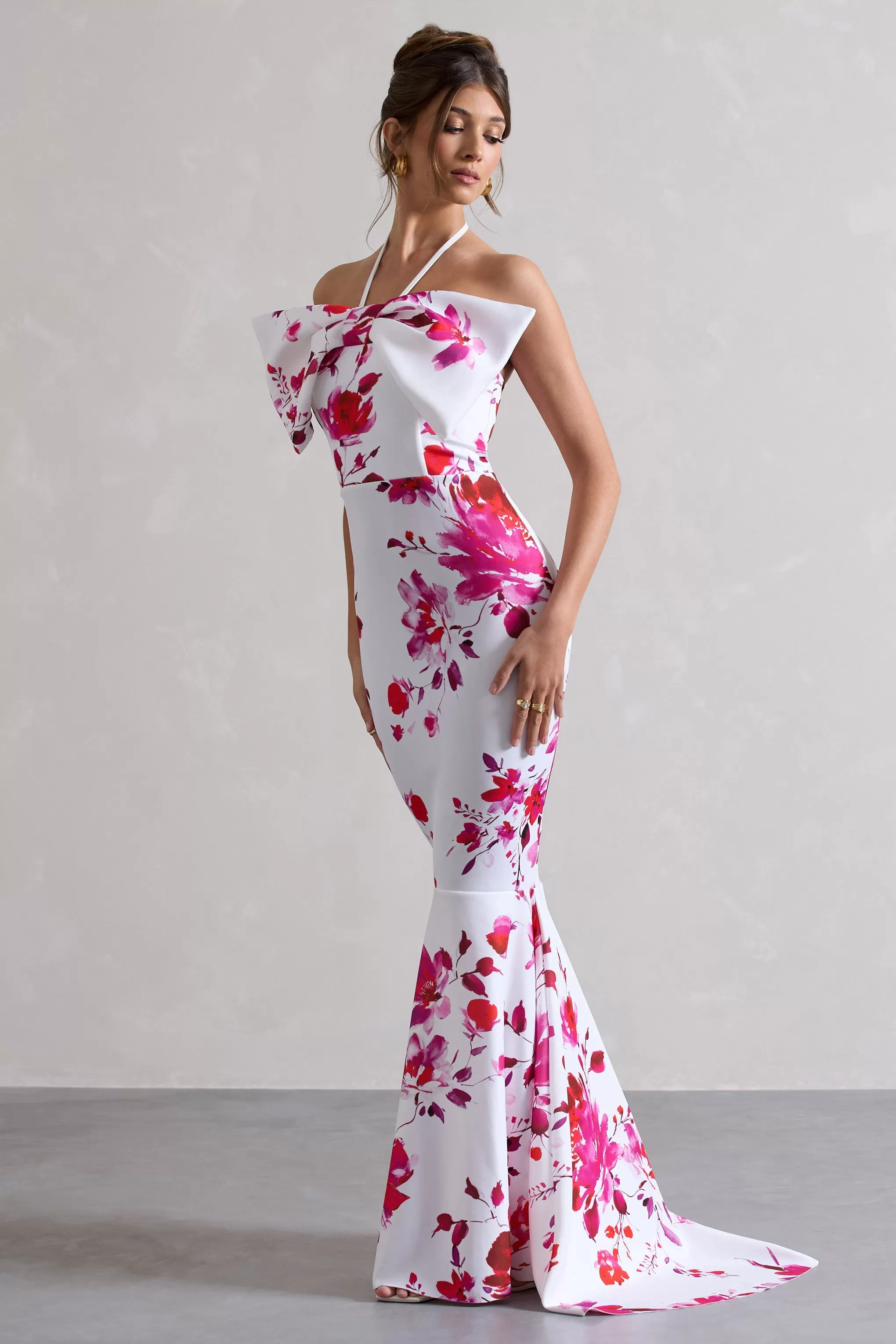 Sakura | Pink Floral Print Halter-Neck Fishtail Maxi Dress With Bow