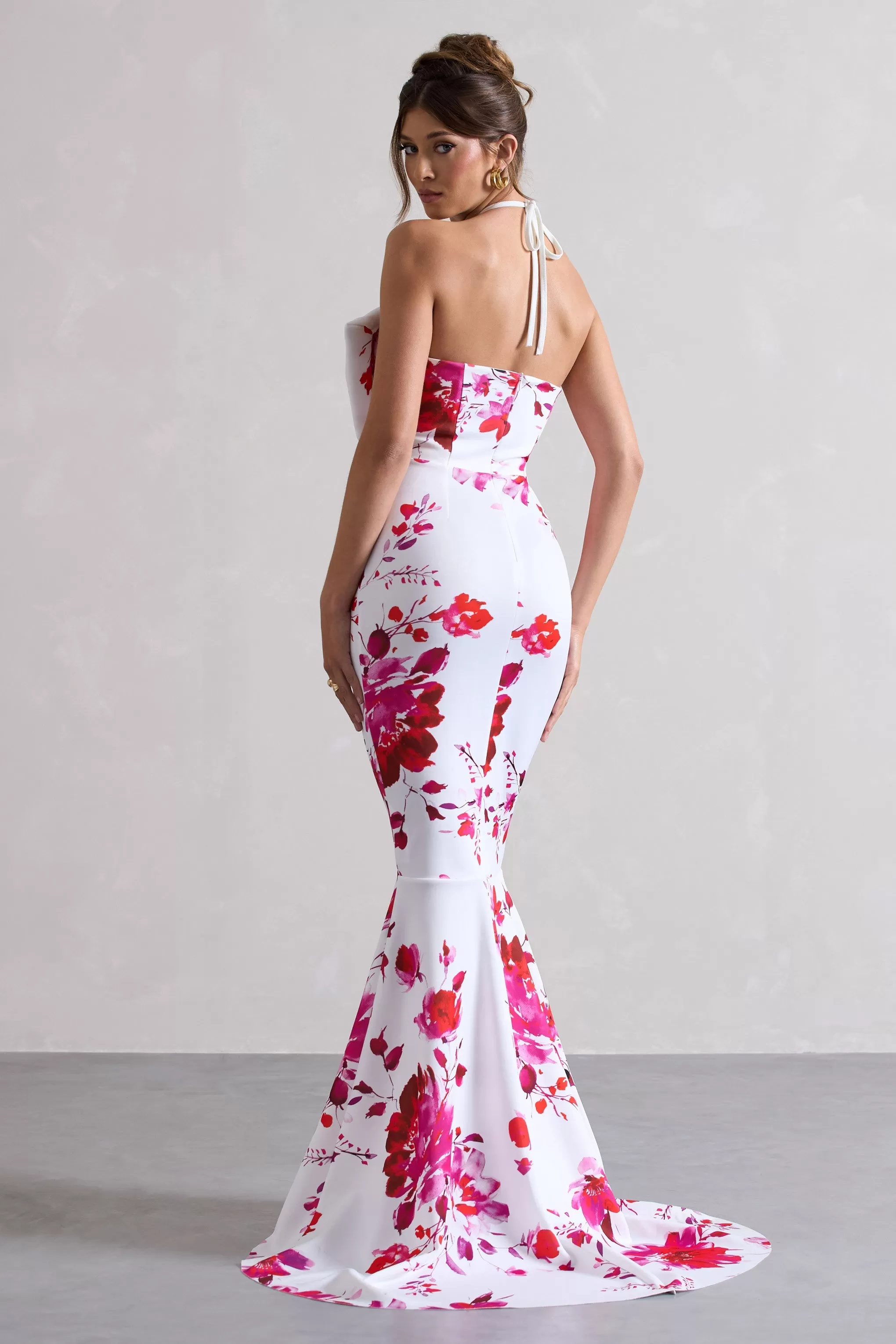 Sakura | Pink Floral Print Halter-Neck Fishtail Maxi Dress With Bow