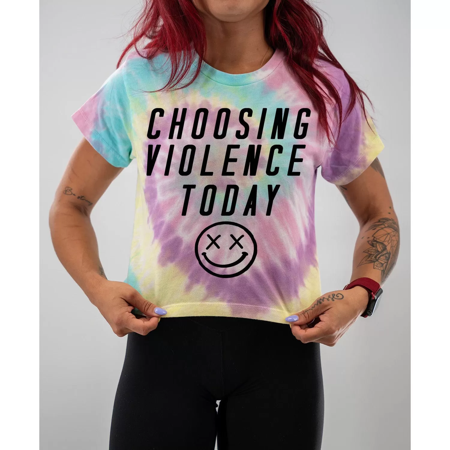 Salty Savage Ladies "Choosing Violence Today" Spiral Tie Dye Crop Tee