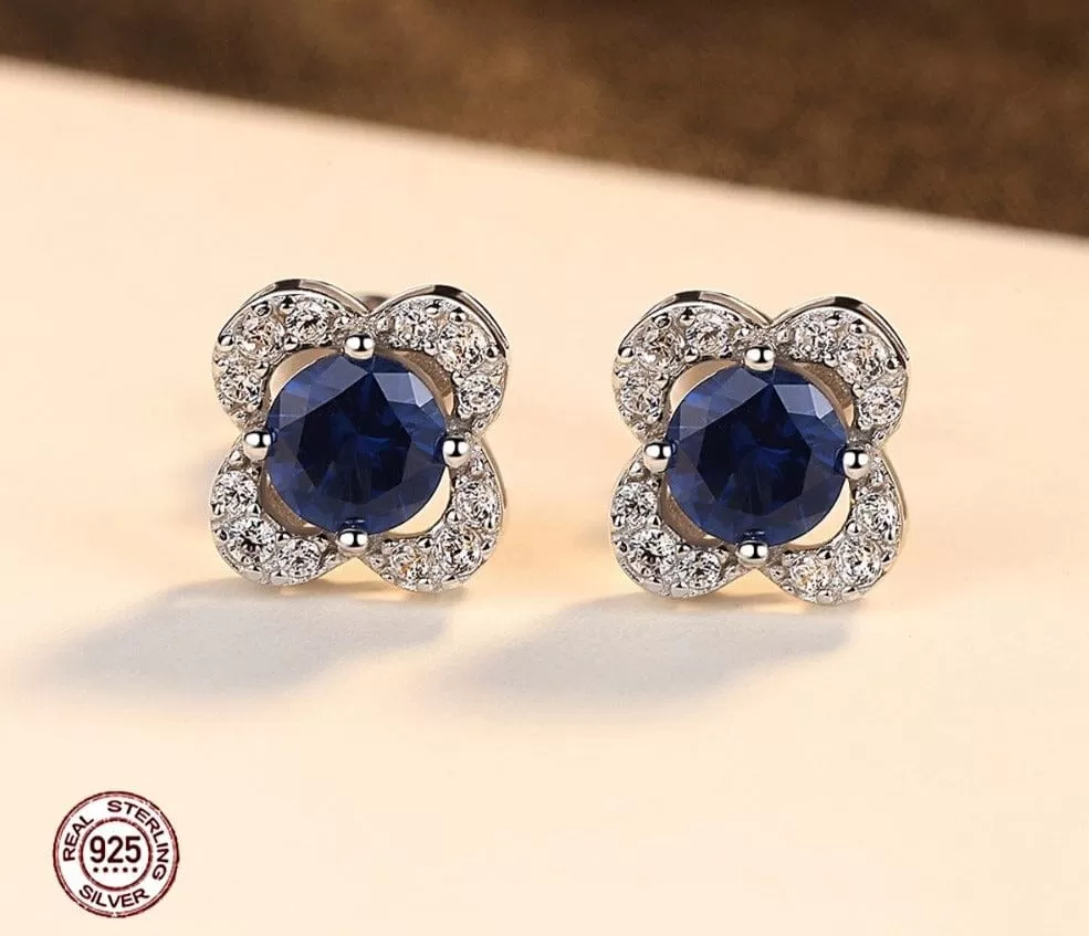 Sapphire Gemstone 925 Sterling Silver Flower Stud Earrings