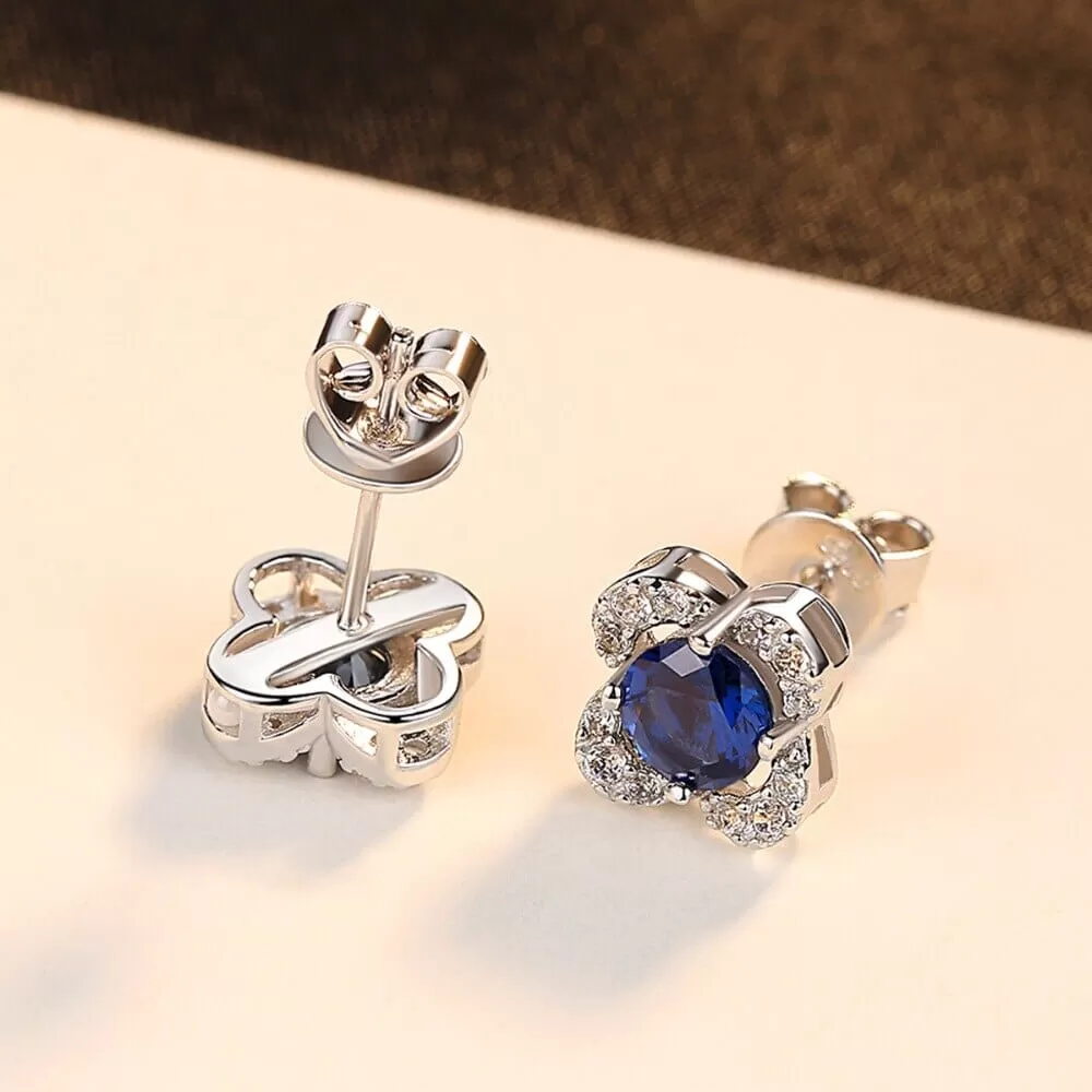 Sapphire Gemstone 925 Sterling Silver Flower Stud Earrings