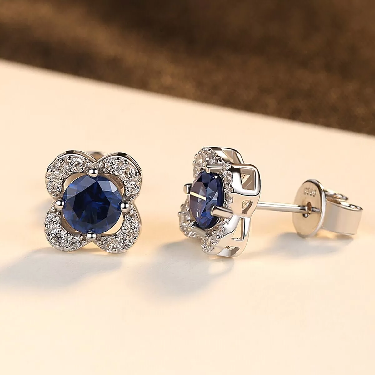 Sapphire Gemstone 925 Sterling Silver Flower Stud Earrings