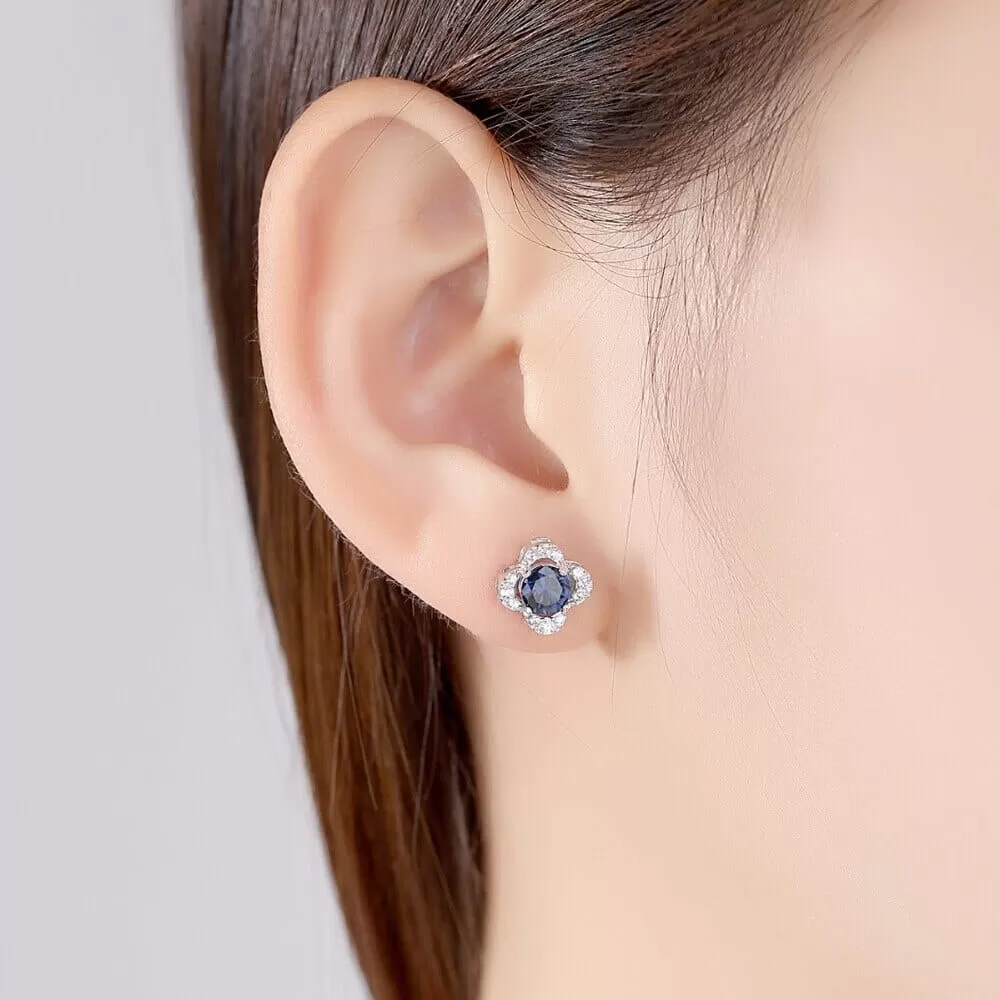 Sapphire Gemstone 925 Sterling Silver Flower Stud Earrings