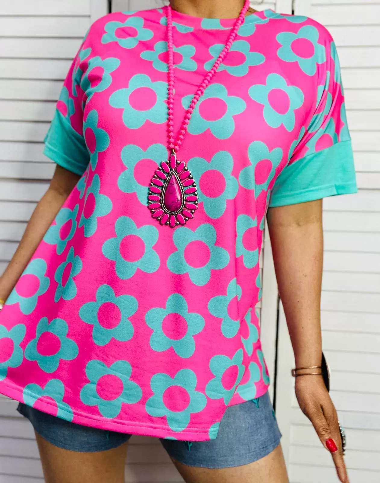 S,M,L  Daisy Flower Pink Turquoise top