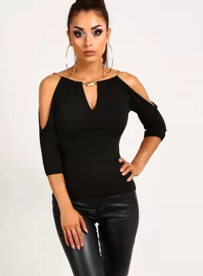 Solid Cold Shoulder Chain Detail Blouse